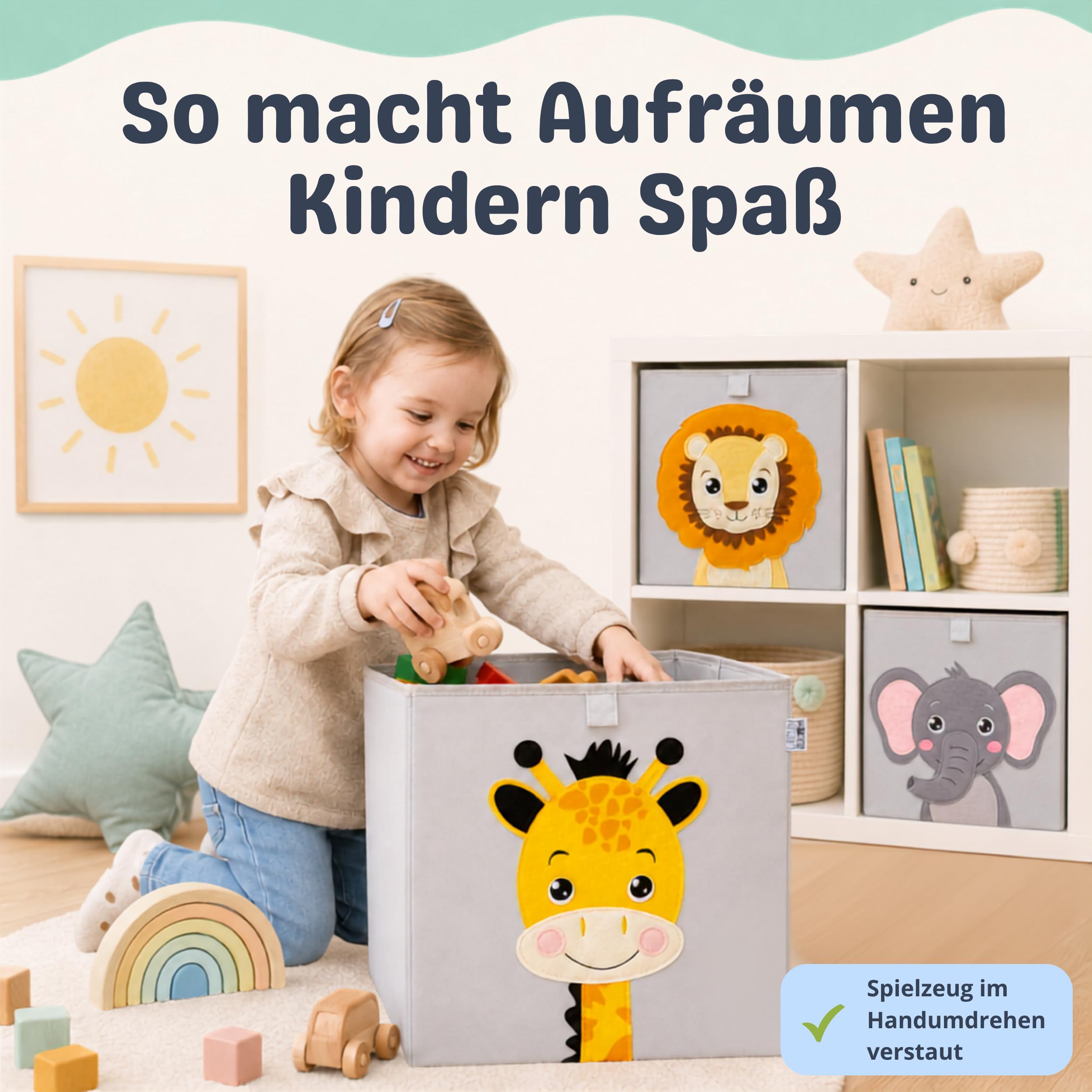 wonneklein Aufbewahrungsbox Kinder - 33x33x33 cm - Faltbare Spielzeugkiste mit Tiermotiv - Ordnungsbox für Kallax Regal - Kinderzimmer Aufbewahrung