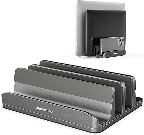 AboveTEK Soporte vertical para portátil con 3 ranuras para computadora, tableta, teléfono, se adapta a todos los modelos de portátiles (hasta 17.3