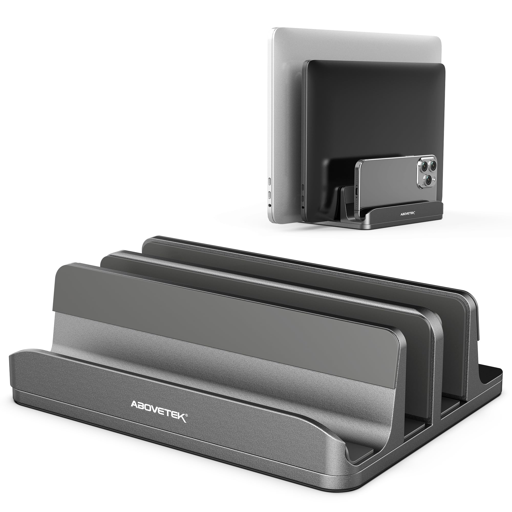 AboveTEK Pionowy stojak na laptopa, 3 przegródki na komputer, tablet, telefon - pasuje do wszystkich modeli laptopów (do 43.9 cm) - wytrzymały uchwyt biurkowy z polerowanego aluminium, antypoślizgowe