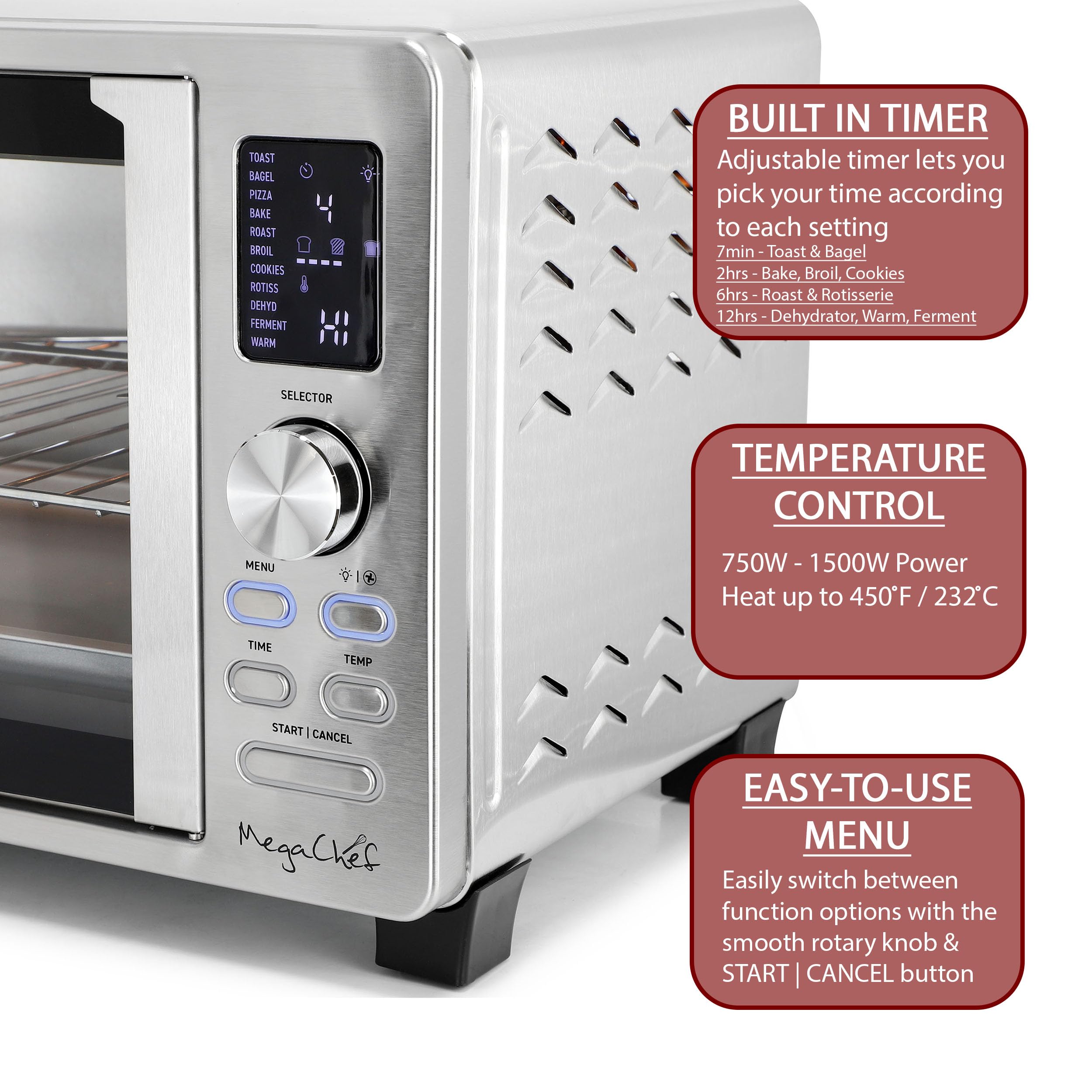 MegaChef Four électrique numérique de 25 litres avec kit de grillage et grille-pain, bagel, pizza, pâtisserie, barbecue, barbecue, biscuits, grillades, déshydratation, fermentation, fonctions chaudes