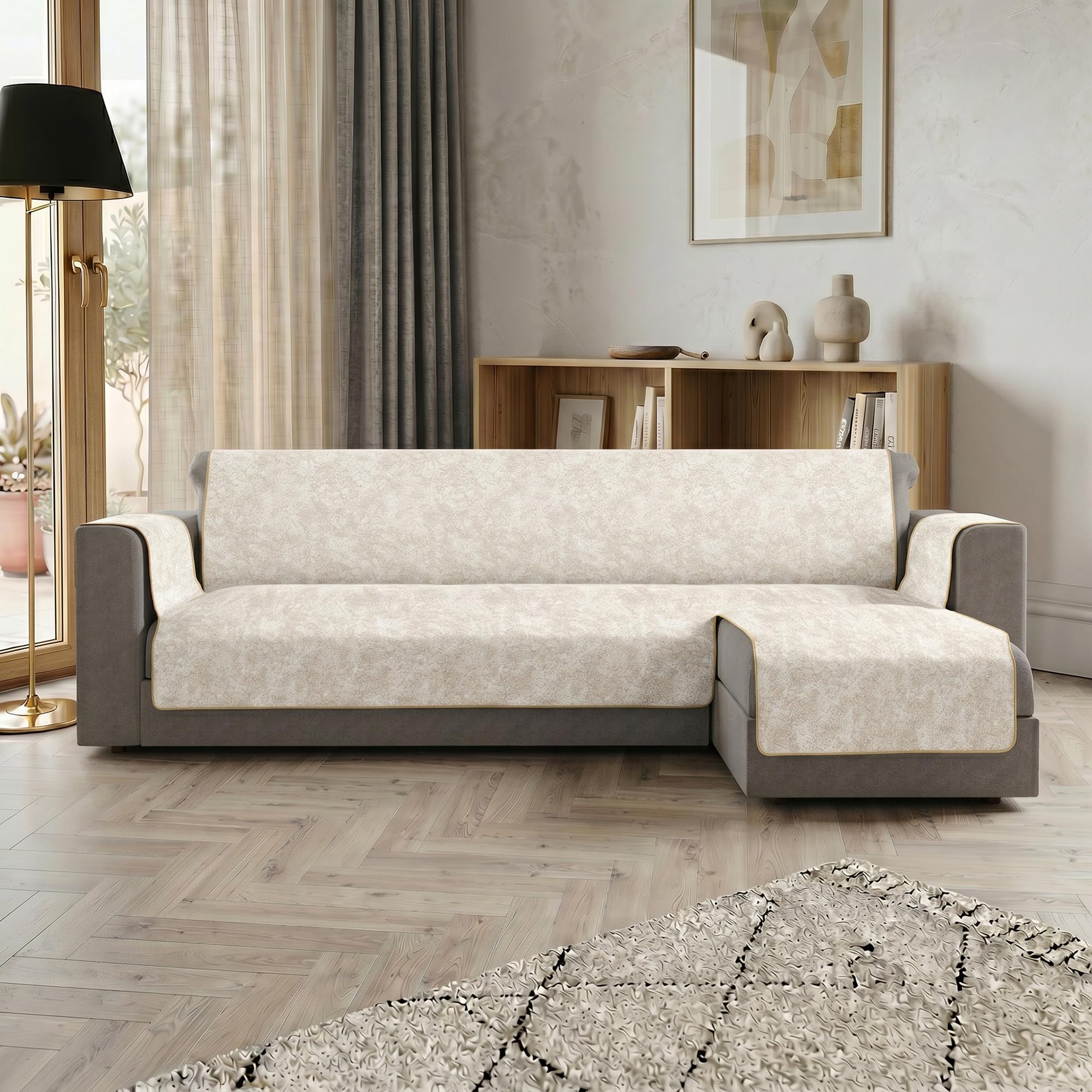 Copridivano GLAMOUR Penisola DESTRA Made in Italy – Salvadivano con Fondo in Gomma Antiscivolo e Braccioli, Seduta 190 cm, Proteggi Divano Artigianale Lavabile in Tinta Unita – PANNA