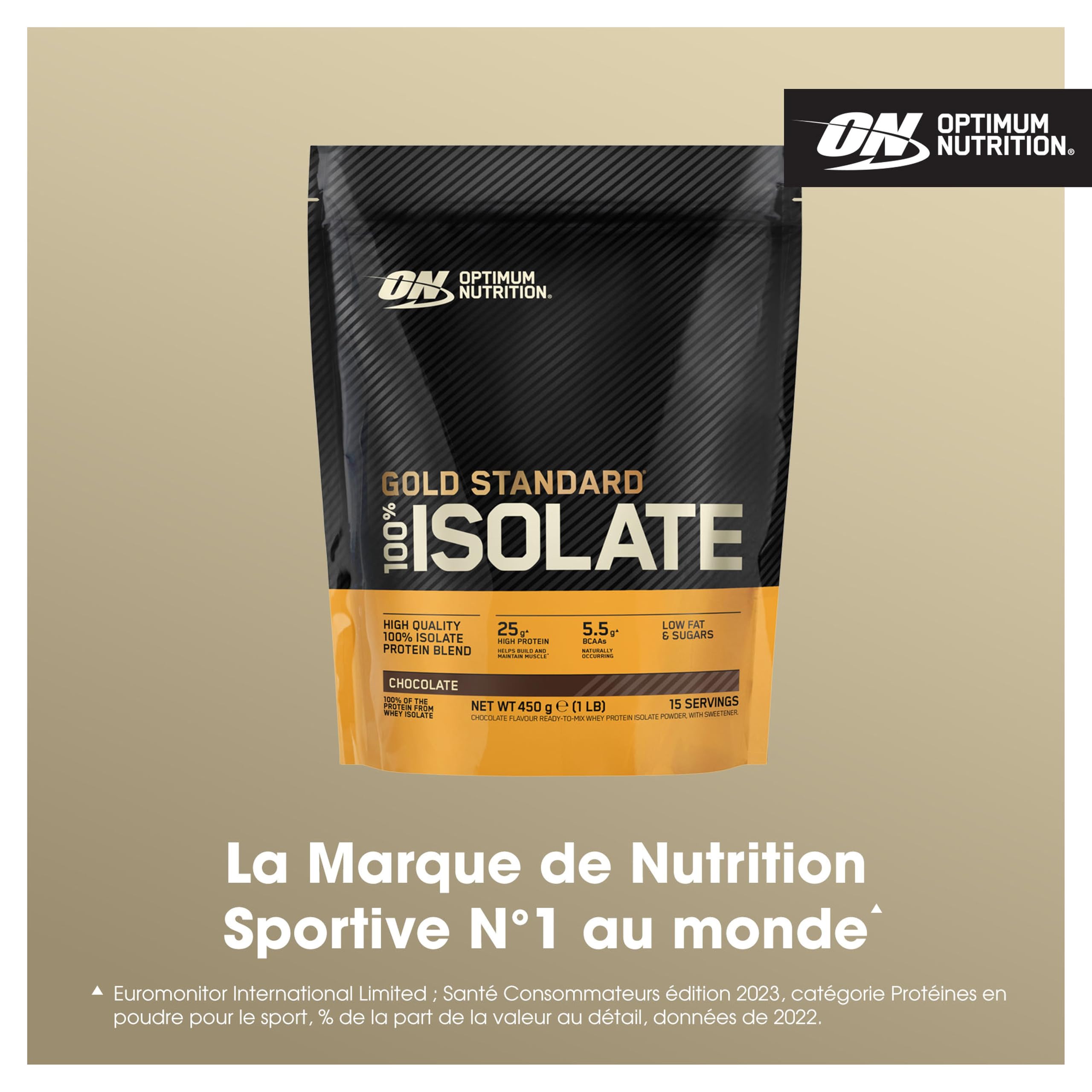 Optimum Nutrition Gold Standard 100% Isolat de Protéine de Whey en Poudre, Goût Chocolat, 450g, 15 Doses