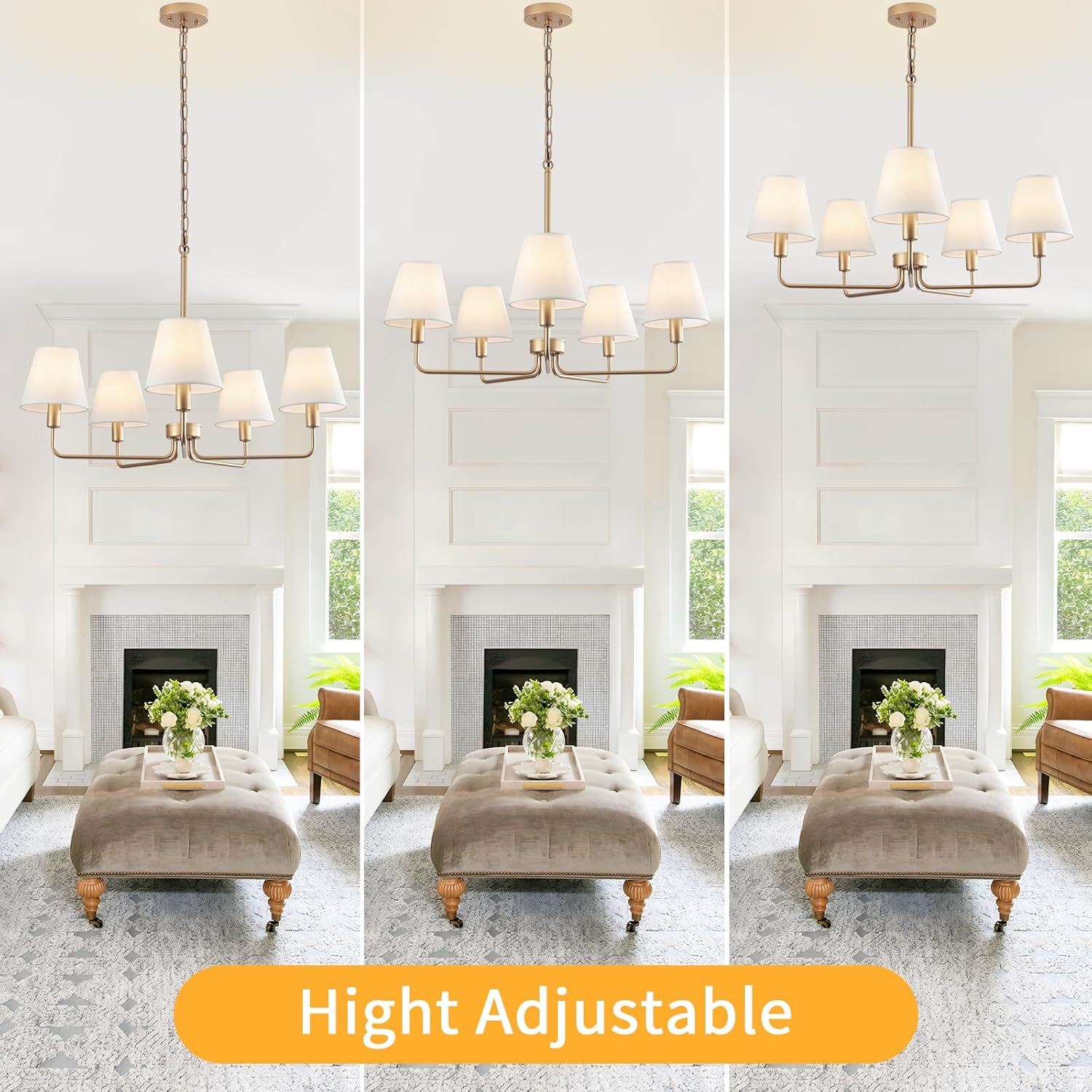 Farmhouse Chandelier, Gold Modern Dining Room Light Fixture with White Fabric Shade, 5-Light Height Adjustable Industrial Pendant Island Light Fixture for Foyer Entryway Hallway Kitchen Bedroom