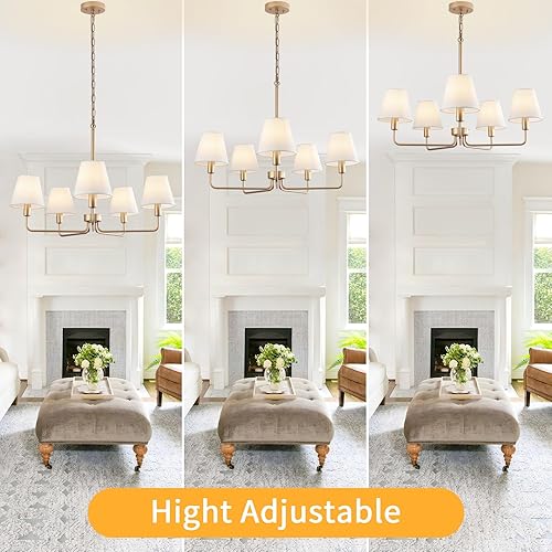 Miniatura 5 de Lámpara de araña de granja, moderna lámpara dorada para comedor con pantalla de tela blanca, 5 luces de altura ajustable, lámpara colgante