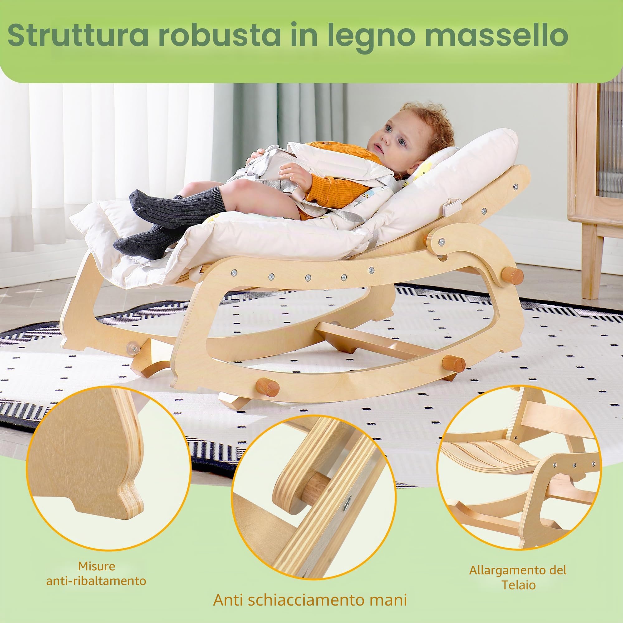 MallBest 3 in 1 Baby Bouncer regolabile in legno Rocker Chair Recliner with Removable Cushion and Seat Belt for Infant to Toddler (Beige Style)