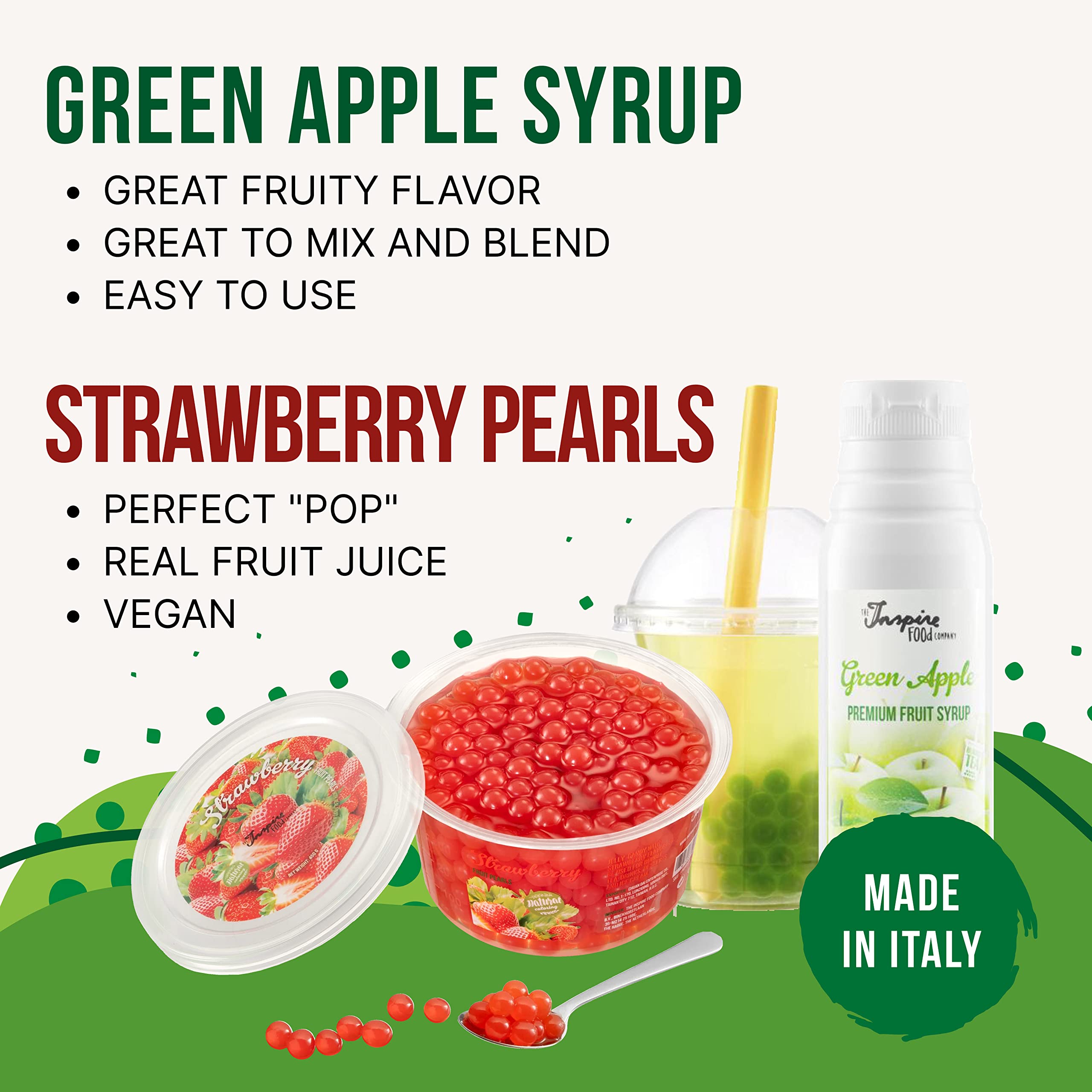 INSPIRE FOOD Bubble Tea Pearls Set - Strawberry Popping Boba 450g, Green Apple Syrup 300ml, 2 Straws