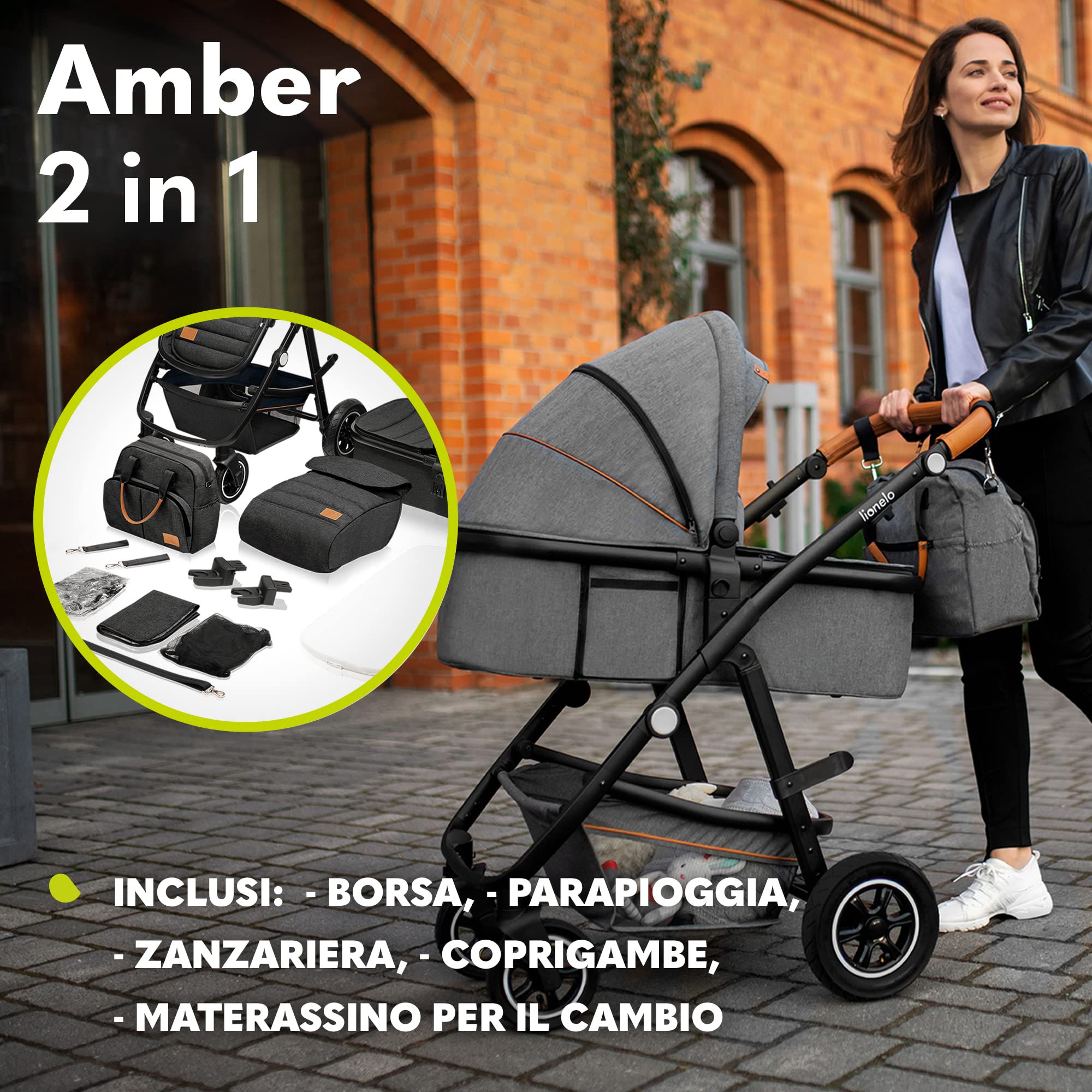 LIONELO Amber Passeggino 2 in 1 Set con Navicella da 0 a 48 Mesi / 22 kg | Passeggino Per bambini Fino a 22 kg, Seduta a Secchiello, Regolabile, Pieghevole e Leggero, Grandi Ruote e Cappottina XXL