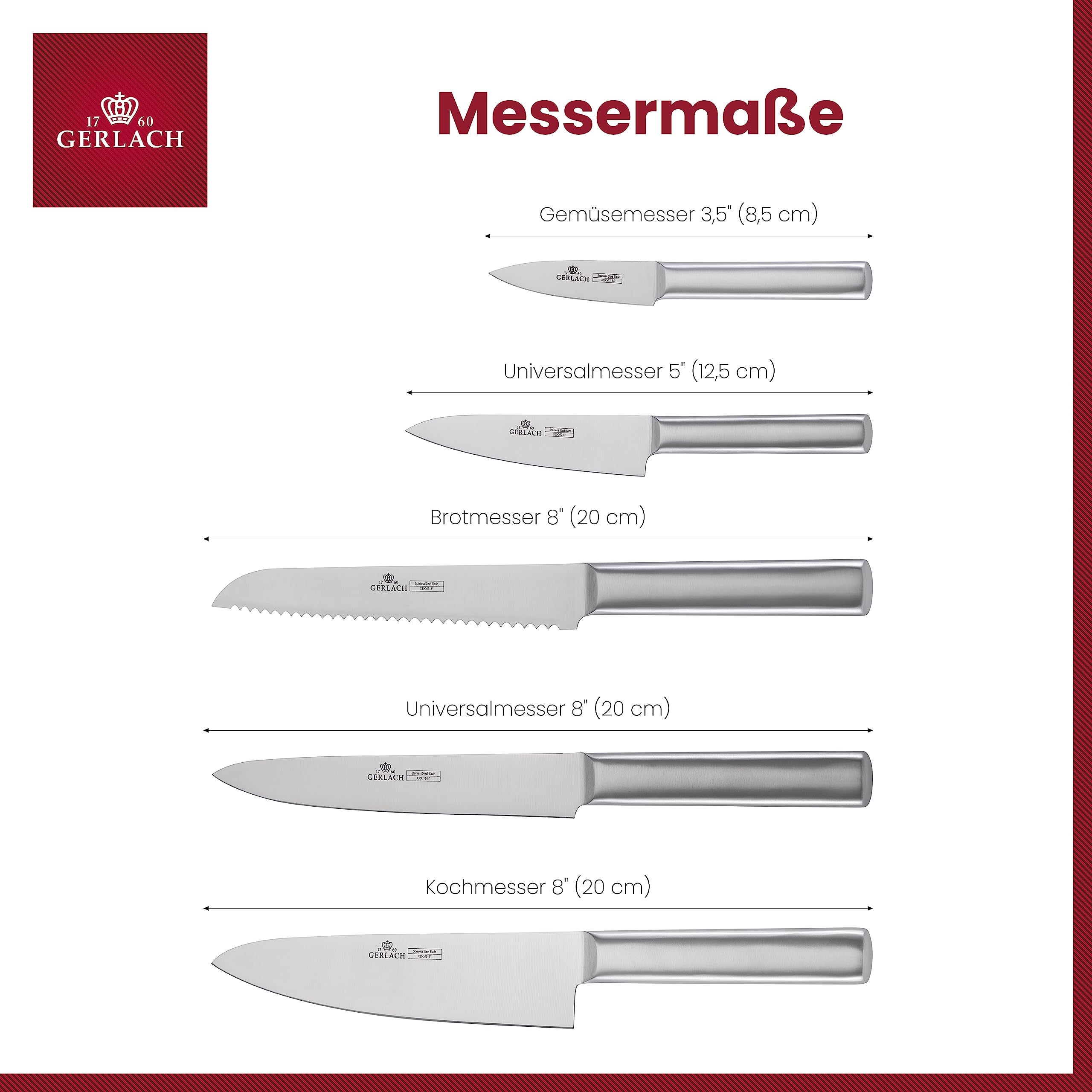 Gerlach 1760 Set Couteau Cuisine En Acier Inoxydable Ensemble De 5 Couteaux 1 x Couteau De Chef 1 x Couteau À Pain 2 x Couteau De Cuisine 1 x Couteau À Légumes 54-55 HRC Ambiente