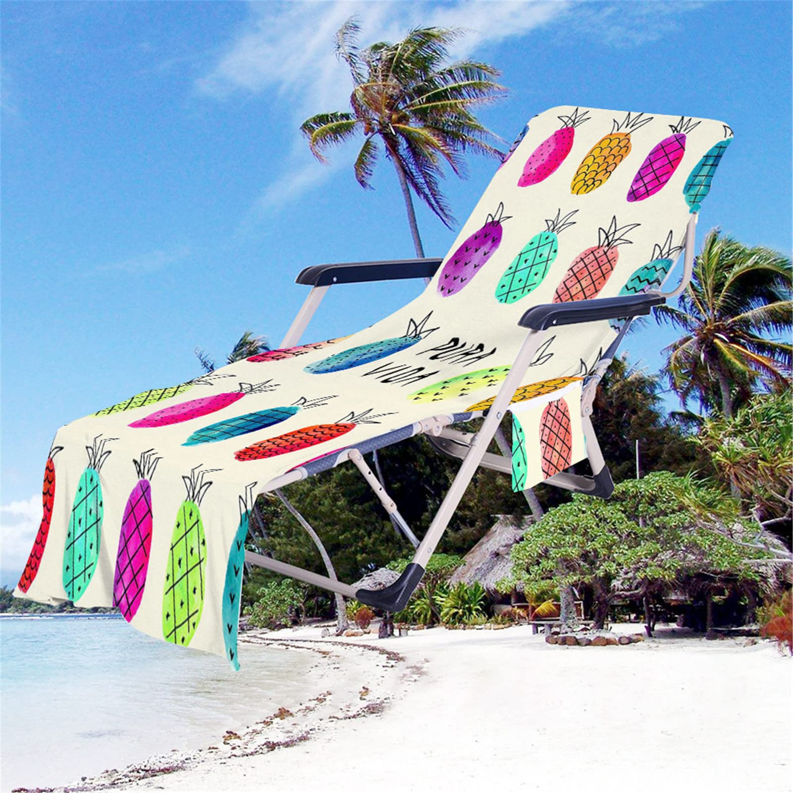RRrawgff Beach Towel with Pockets for Loungers, Fruit Pattern Beach Chair Cover Towel Fitted Microfiber Sunbed Towel Sun Lounger Towels for Summer Outdoor Garden Pool Vacation (Tropical Pineapple)