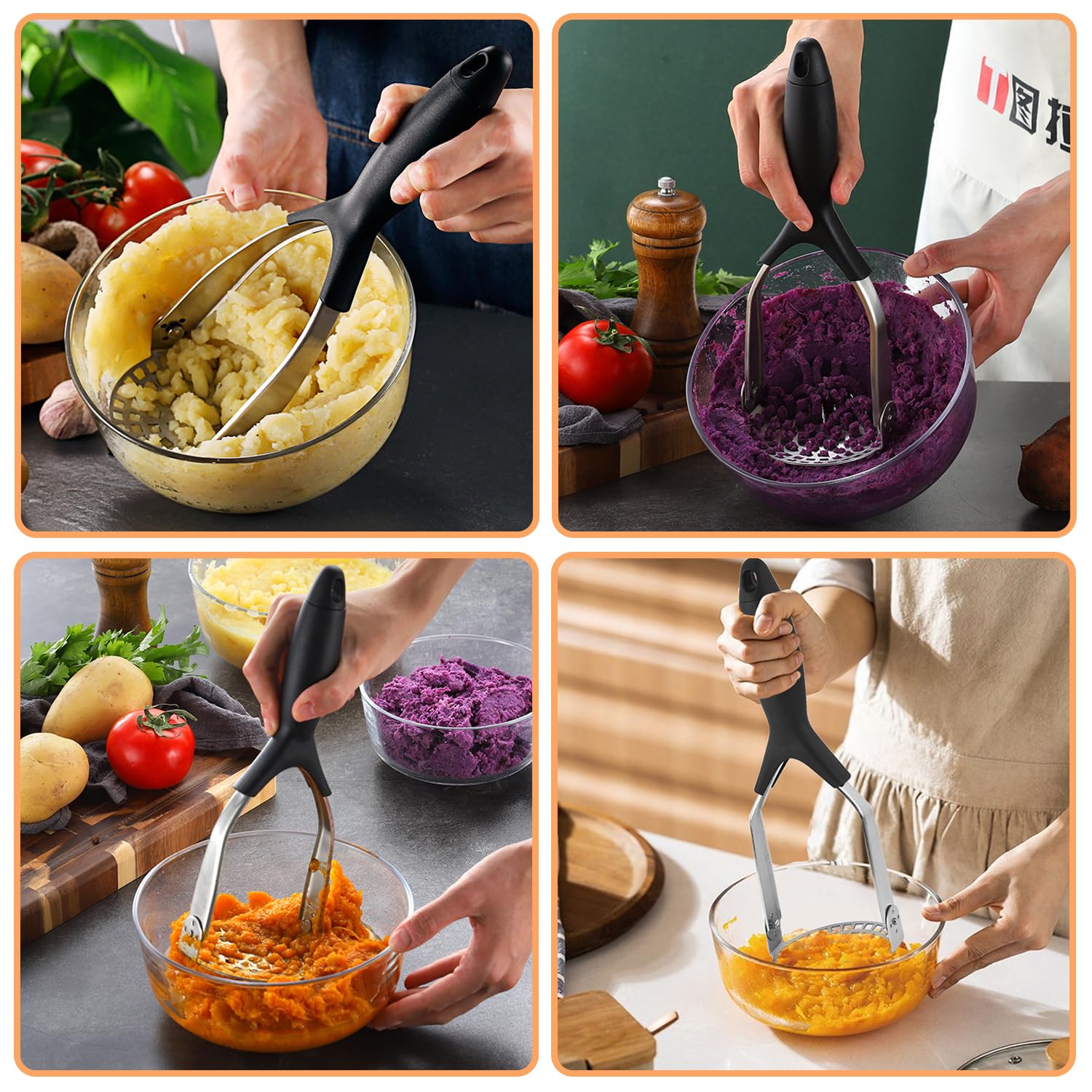 Machacador de Patatas de Acero Inoxidable, Máquina Trituradora de Patatas Manual, con Mango Antideslizante, Pasapurés Triturador de Patatas para Hacer Puré de Verduras, Frutas