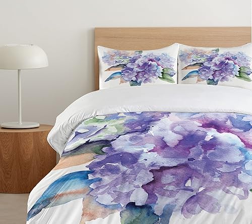 Miniatura 5 de Ambesonne Juego de funda de edredón de acuarela, delicadas flores de hortensias florecientes, arreglo botánico inspirado en boda, juego de ropa de