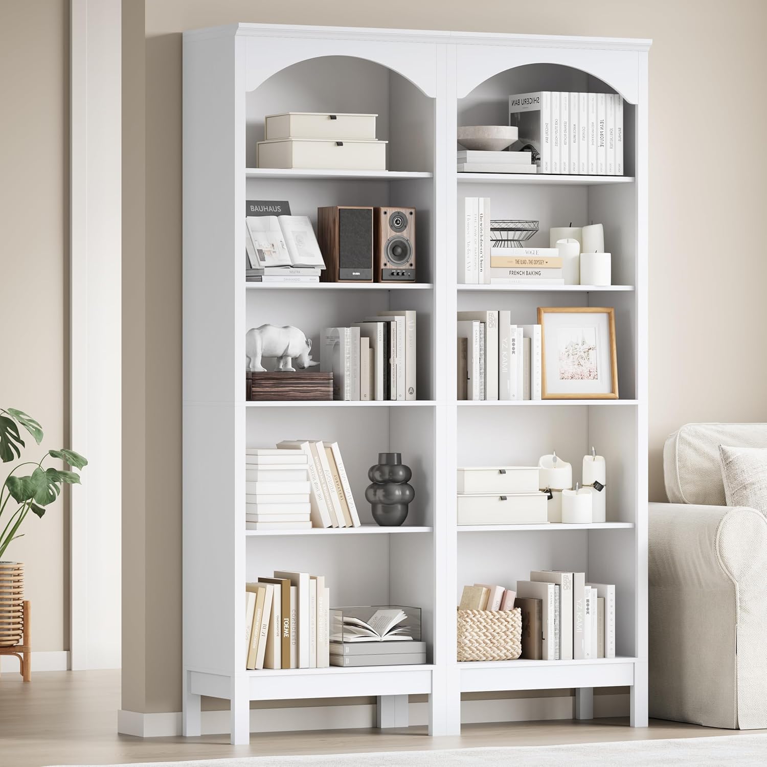 Arched Bookshelf with 5 Tier Open Shelves, 71" Tall Wood Bookcase with Adjustable Shelves, 24" Wide Floor Standing Display Storage Shelf for Home Office, Kitchen, Study and Living Room, Modern White