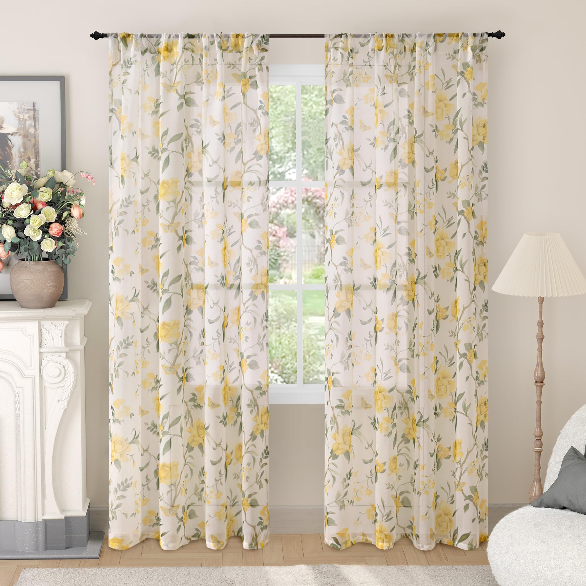 Lajode Floral Sheer Curtains for Bedroom Window 72 Inch Length 2 Panels, Farmhouse Light Filtering Privacy Patterned Semi-Sheer Linen Curtains for Living Room Rod Pocket, Yellow, Each 52 Inch Wide