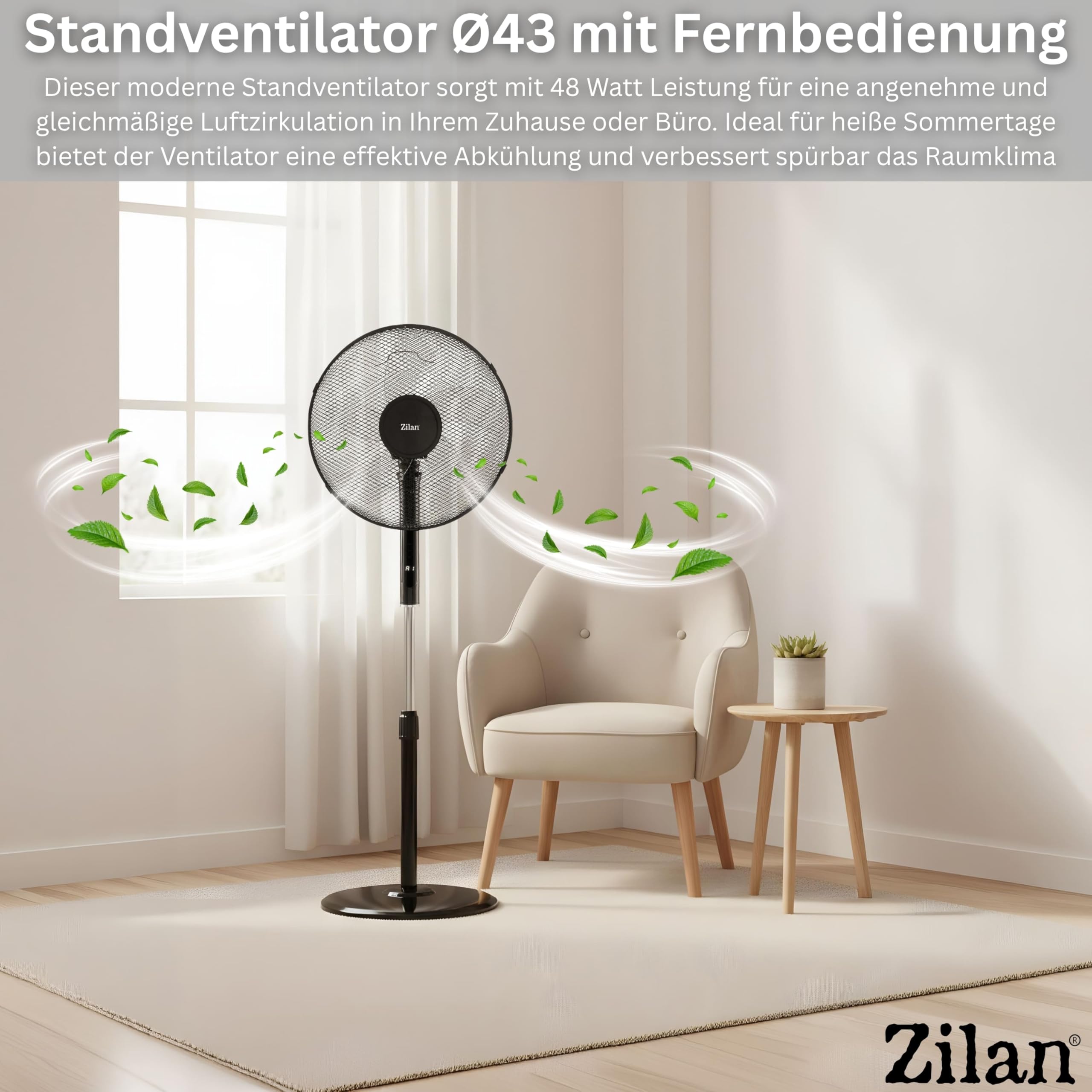 Zilan Standventilator 48W leise mit Fernbedienung Timer Ø43cm 3 Stufen Oszillation höhenverstellbar