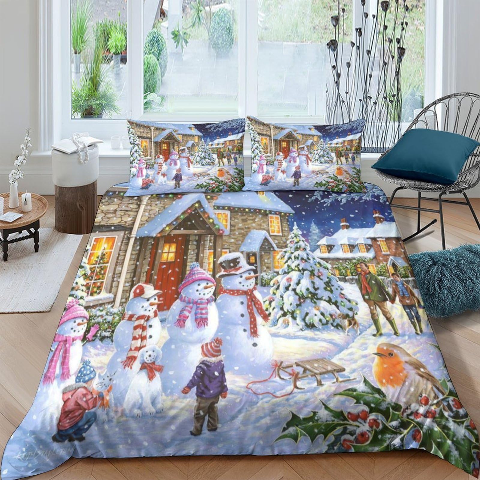 Ctjqhvkz Style-4 3D Printed Winter Snowman Fitted Sheet Microfiber Christmas Village Bed Cover For Bedroom Guest Room Decor Single（135X200cm）