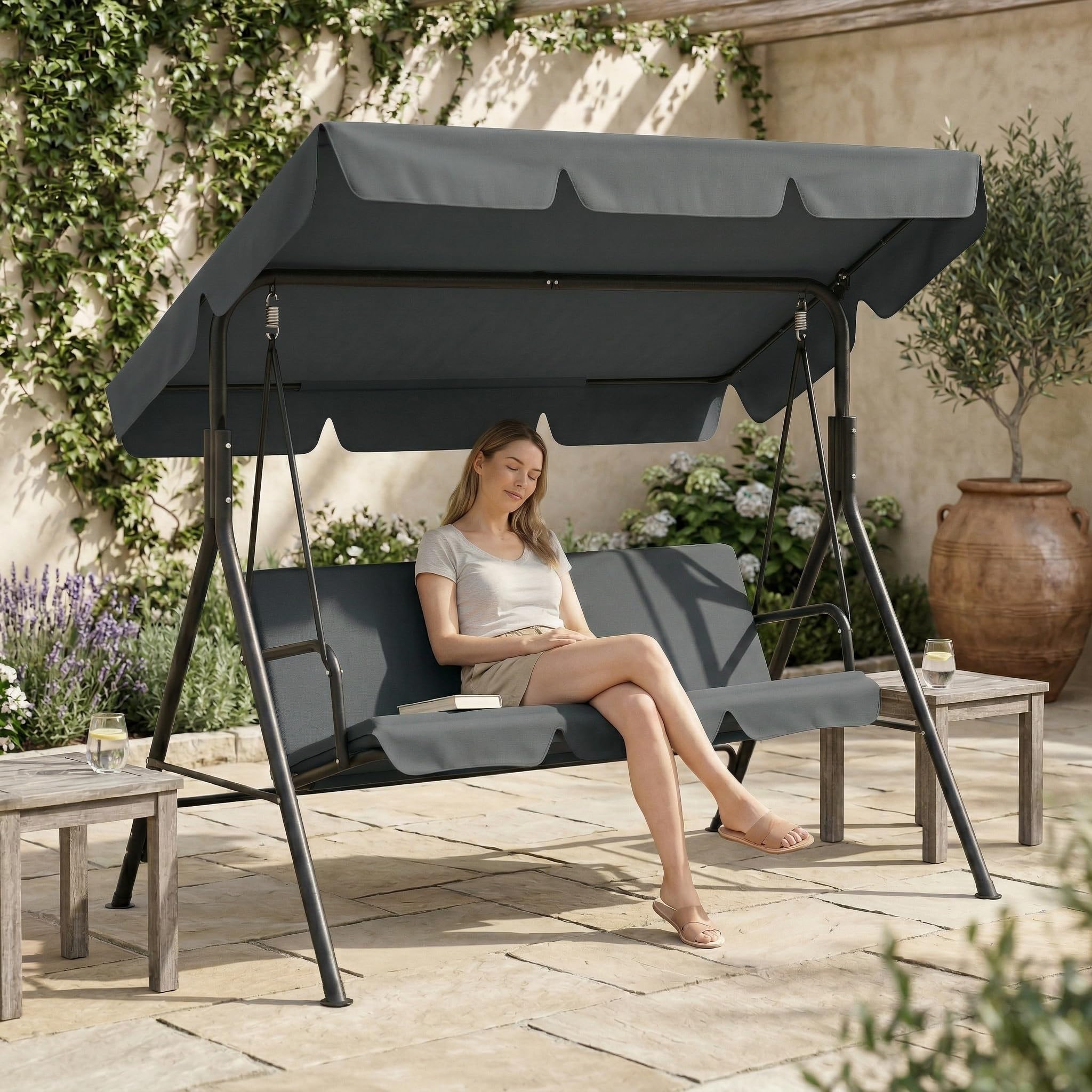 SAILUN 3-Seater Outdoor Canopy Swing Chair, Heavy Duty Patio Swing with Adjustable Sunshade, Weatherproof Garden Furniture, 200KG Capacity, for Garden, Patio, Balcony, Grey 193x110x152cm