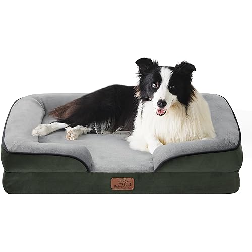 Bedsure Orthopedic Dog Bed for Large Dogs - Big Washable Dog Sofa Bed Large, Supportive Foam Pet Couch Bed with Removable Washable Cover, Waterproof Lining and Nonskid Bottom, Dark Green