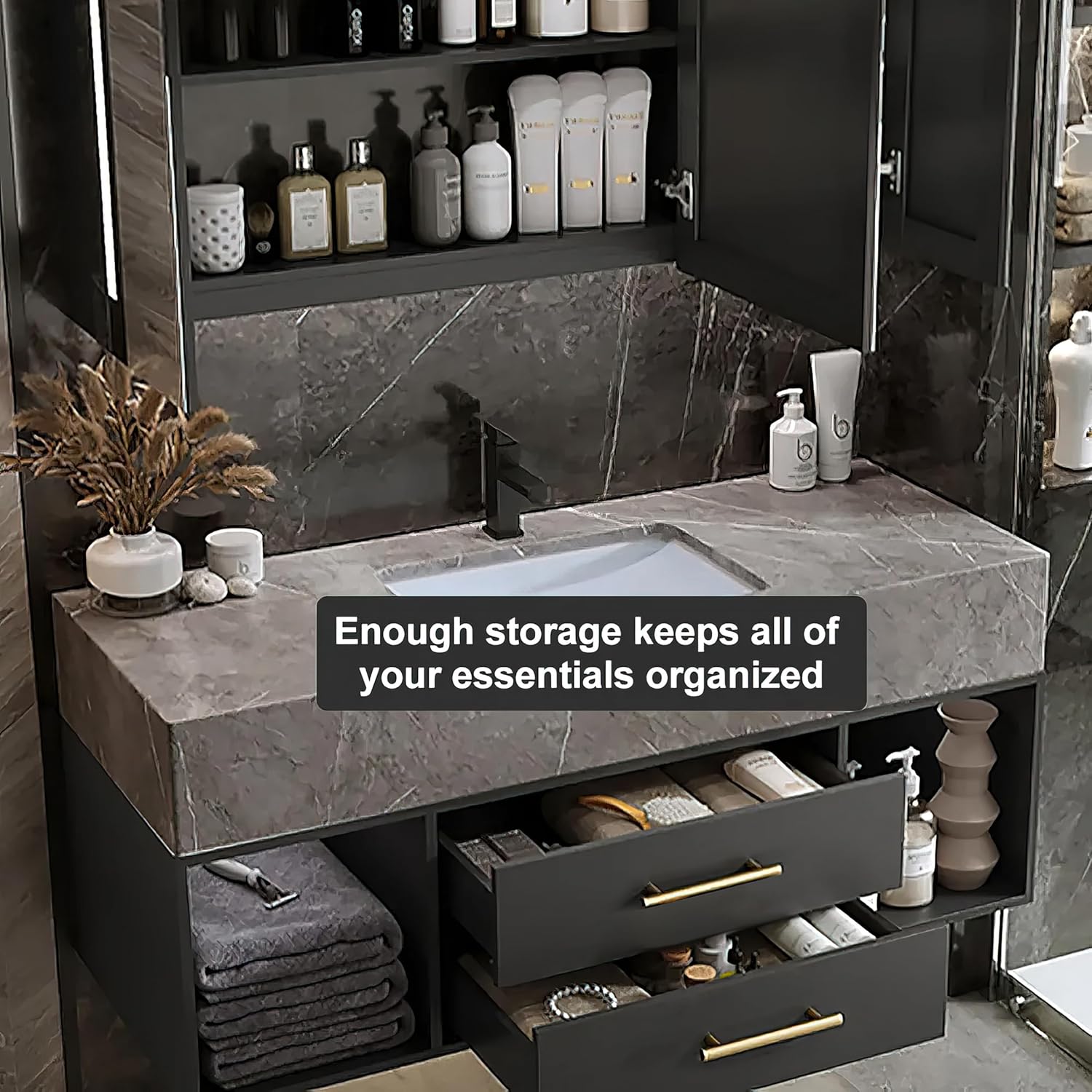 KunMai 35.4" Black Floating Bathroom Vanity with Sink – Modern Wall Mounted Bathroom Cabinet with Sintered Stone Countertop, Soft-Close Drawers, Space-Saving Vanity for Small Bathrooms
