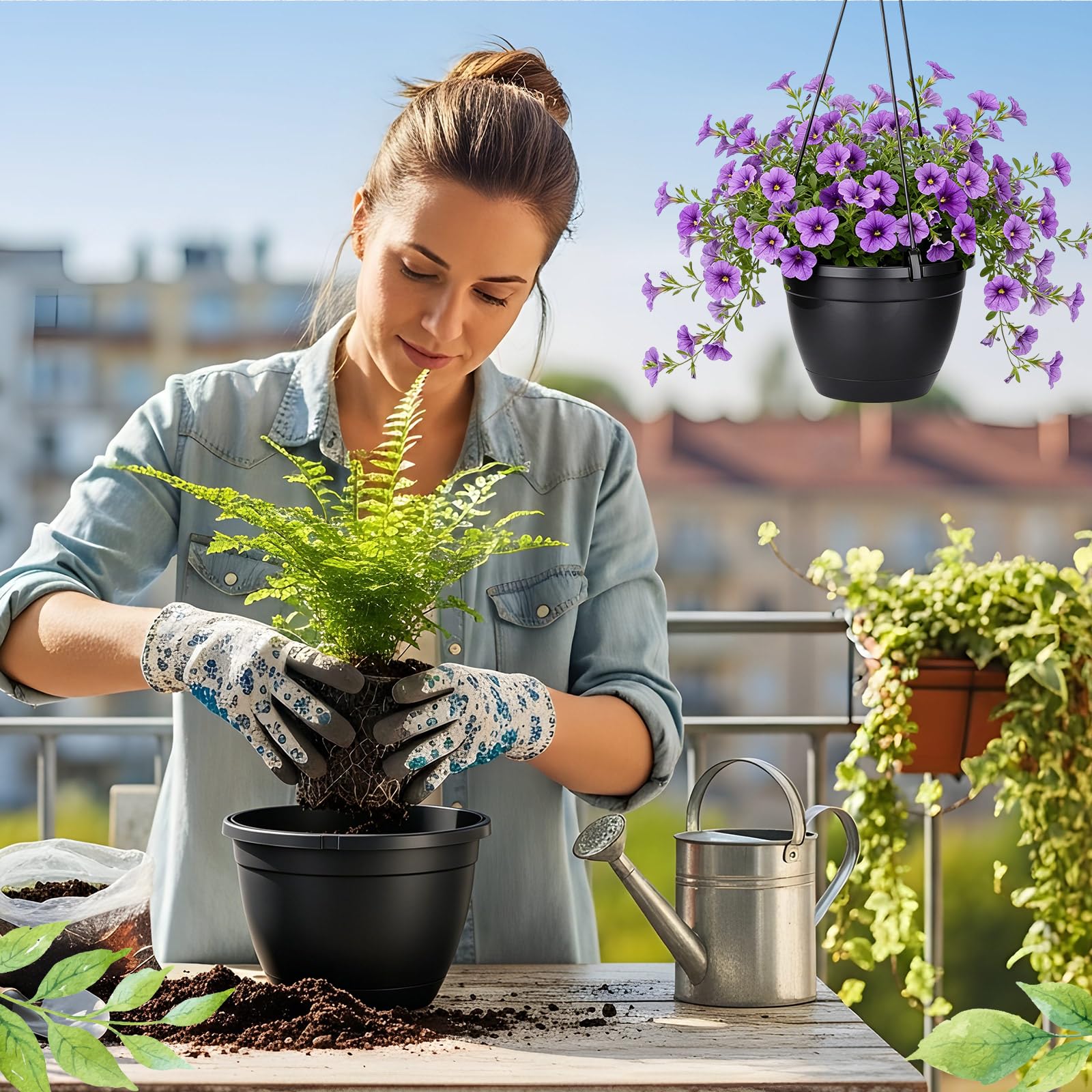 Roshtia Lot de 24 pots à suspendre en plastique de 16 cm pour plantes en vrac avec crochets - Plateau de drainage - Support de pot de fleurs pour intérieur et extérieur - Pour fleurs, jardin, balcon