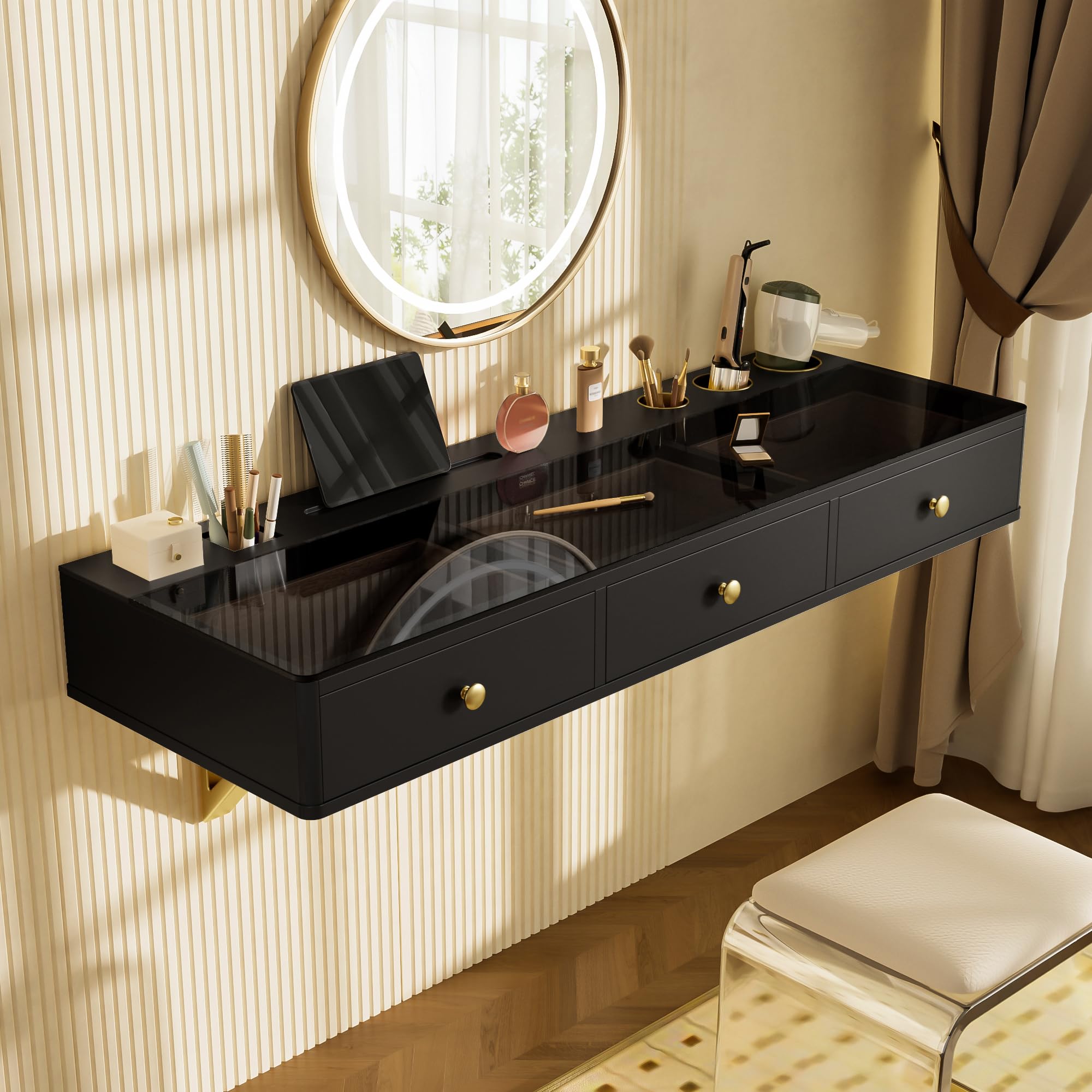 HUMEHA 47" Wall-Mounted Vanity Desk, Floating Makeup Table with 3 Drawers, Vanity Shelf with Glass Top for Bedroom Bathroom Hairdressers, No Mirror,