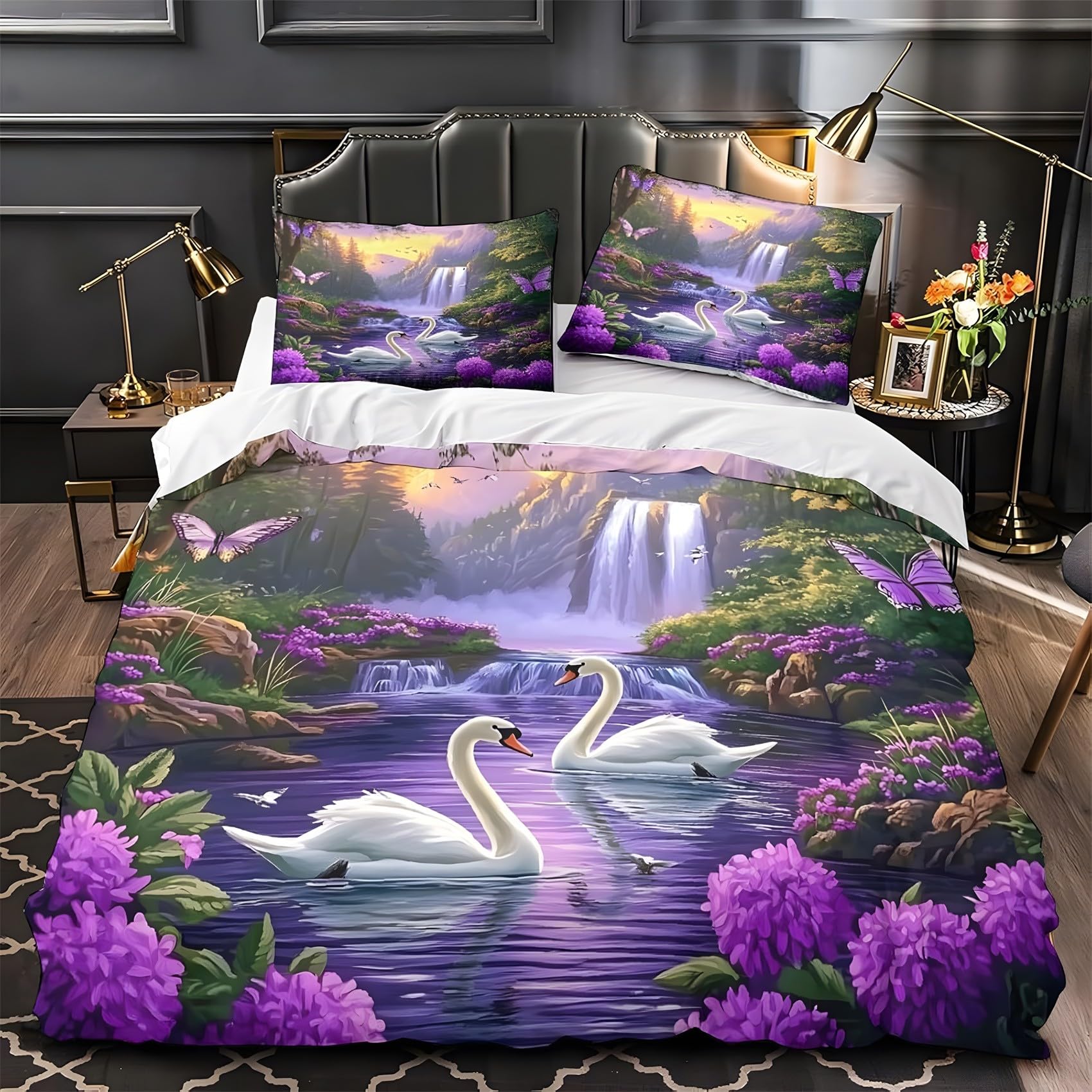 Housse de couette 200x200 cygne violette en microfibre avec 2 taies d'oreiller QE1036