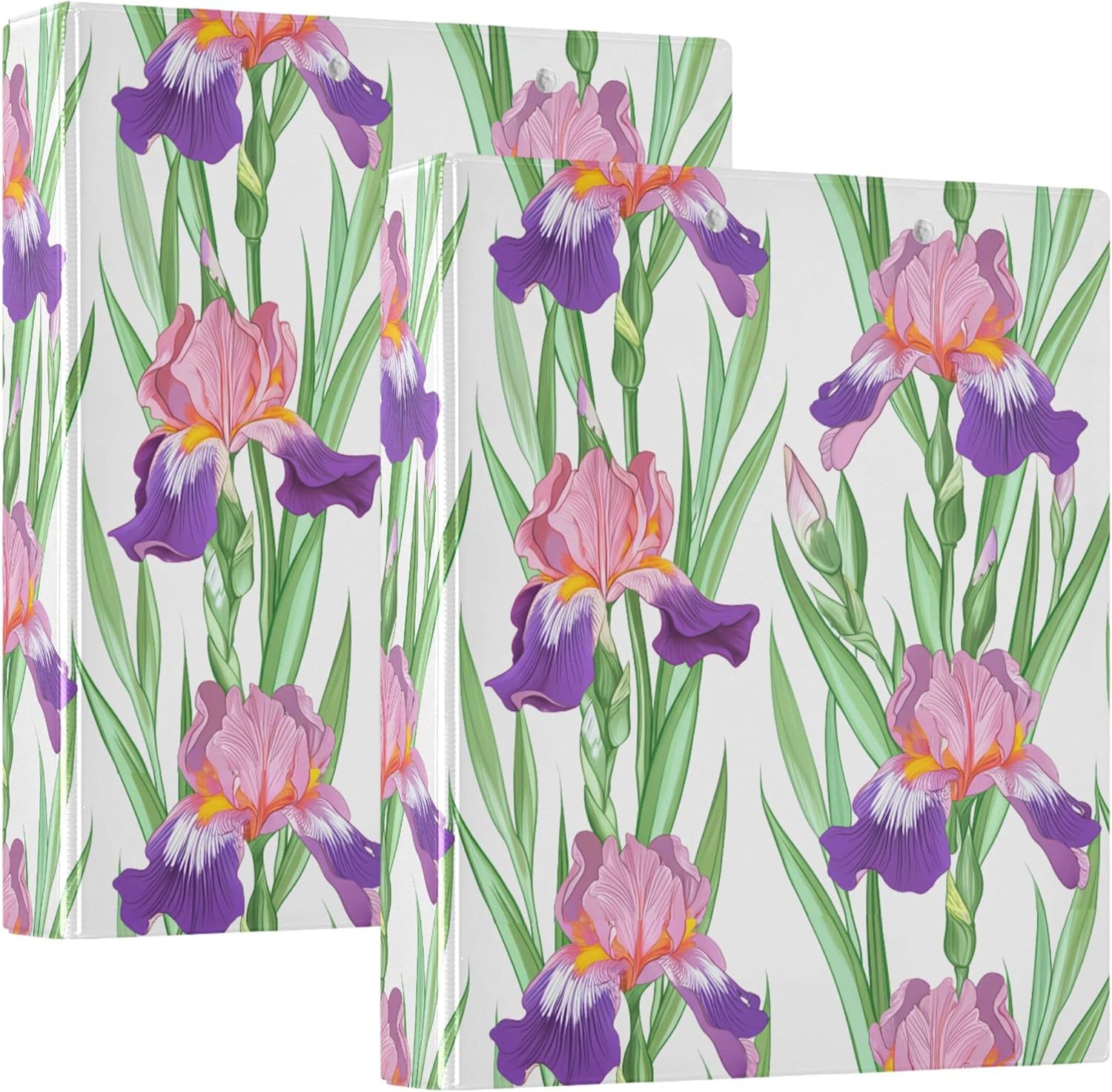Pink and Purple Irises 3 Ring Binders, 1.5” Round Ring Binders with Clipboard - Letter Size, 3 Interior PVC Clear Pockets & Anti-Slip Clip for Office School Supplies, 2PCS