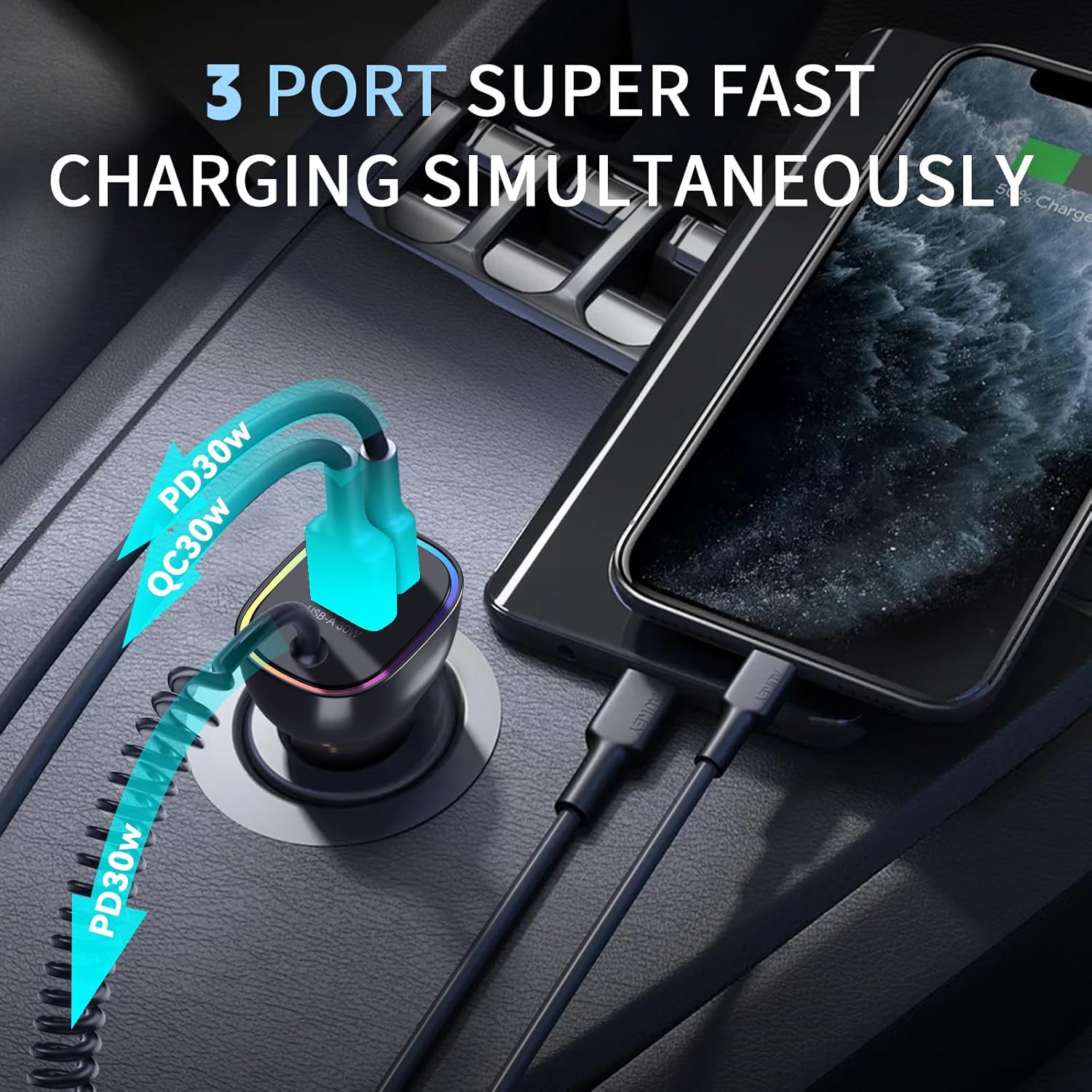 90W Car Charger, USB C Cigarette Lighter Adapter with 4FT Coiled Cable, PD 30W & QC3.0 Fast Charging, Compatible with iPhone 16/15 Series, Samsung Galaxy S24/S23/S22, iPad, Android Phones (Black)