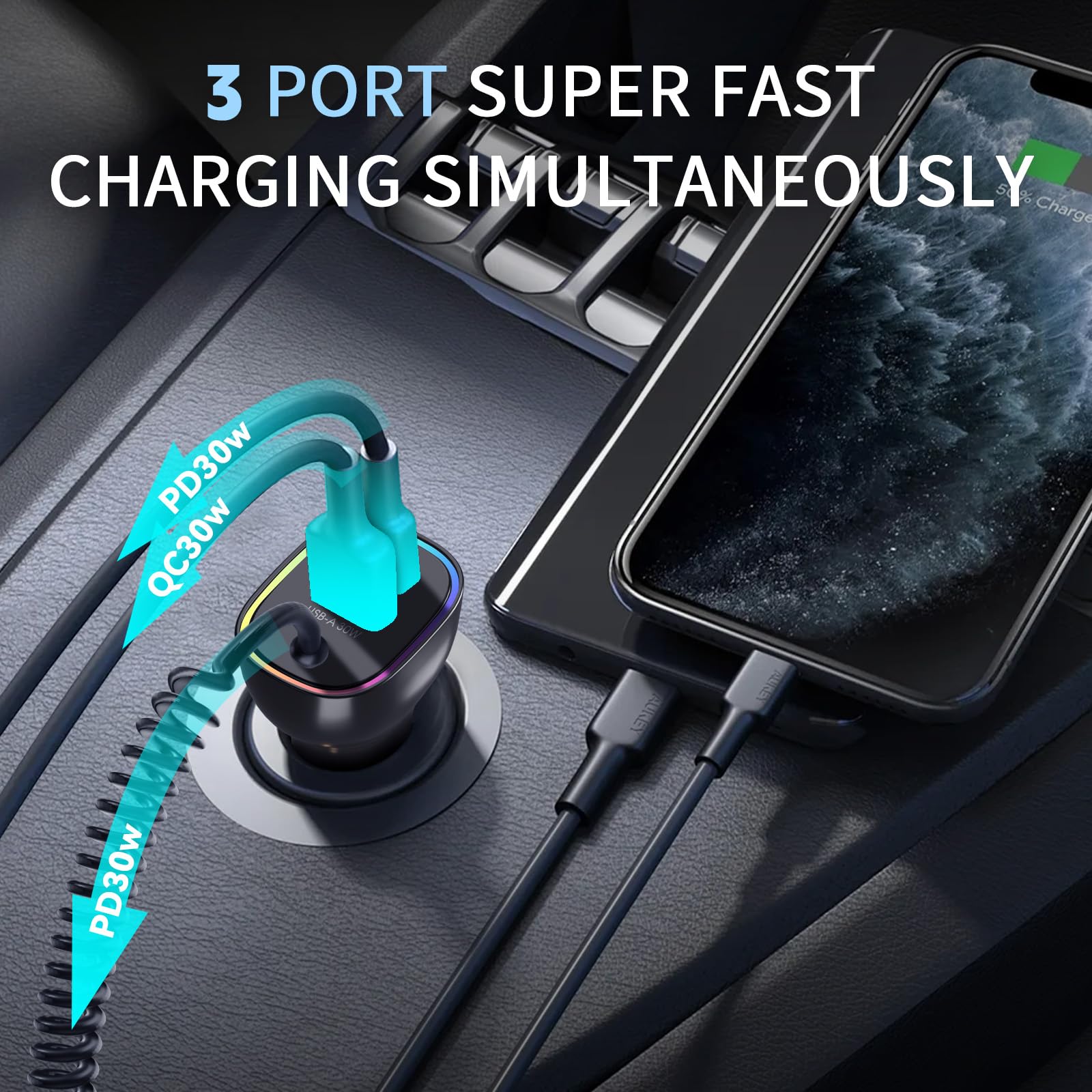 Ładowarka samochodowa USB C 90 W do iPhone 16 Pro, PD & QC3.0 typu C 1,2 m kabel spiralny 1,2 m, szybka ładowarka samochodowa do iPhone 15 Pro Max Plus, do Samsung Galaxy S24/S23/S22
