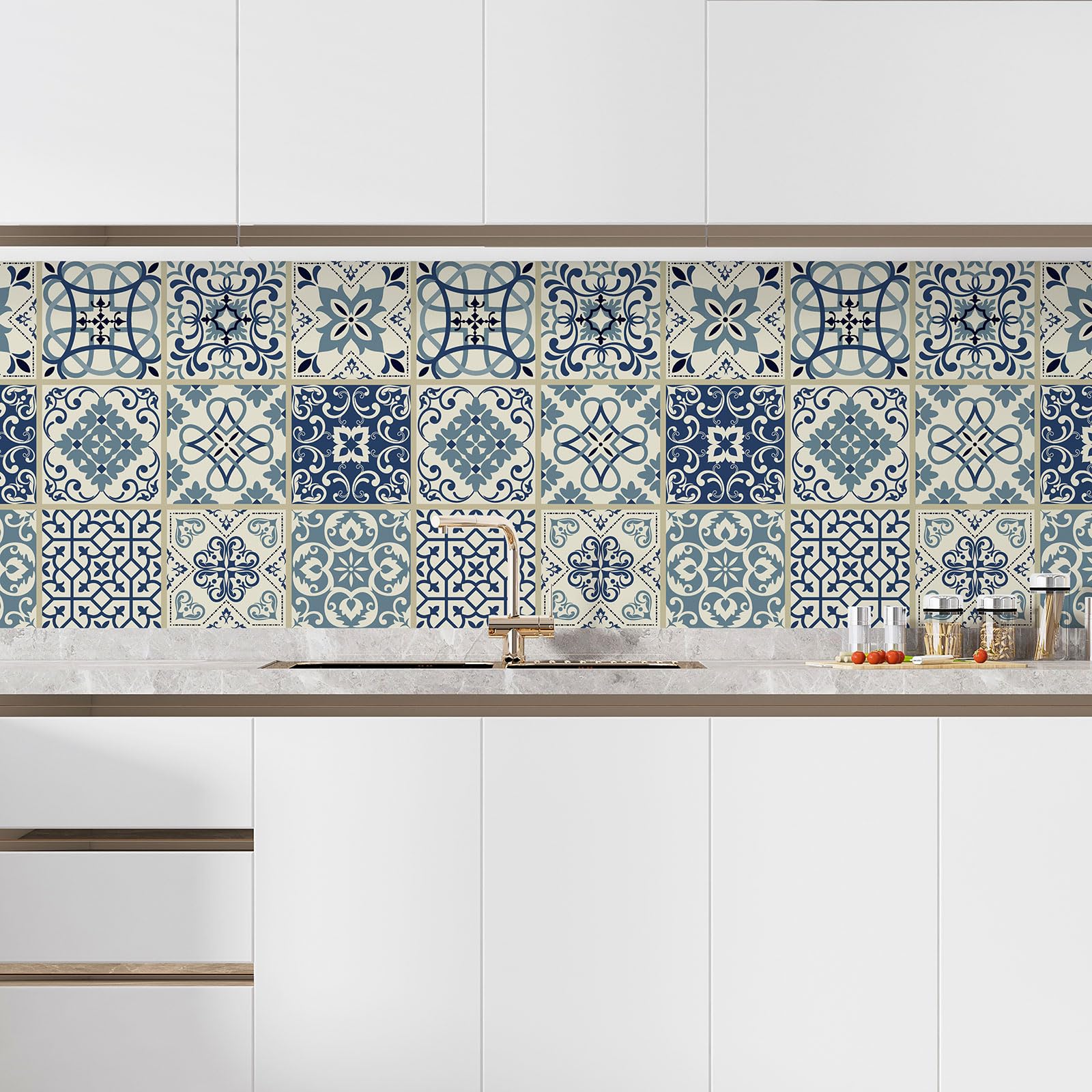 Lumalea Adesivo per cucina, effetto piastrelle di cemento, 3617682399468, adesivo + protezione lucida, 90 x 90 cm