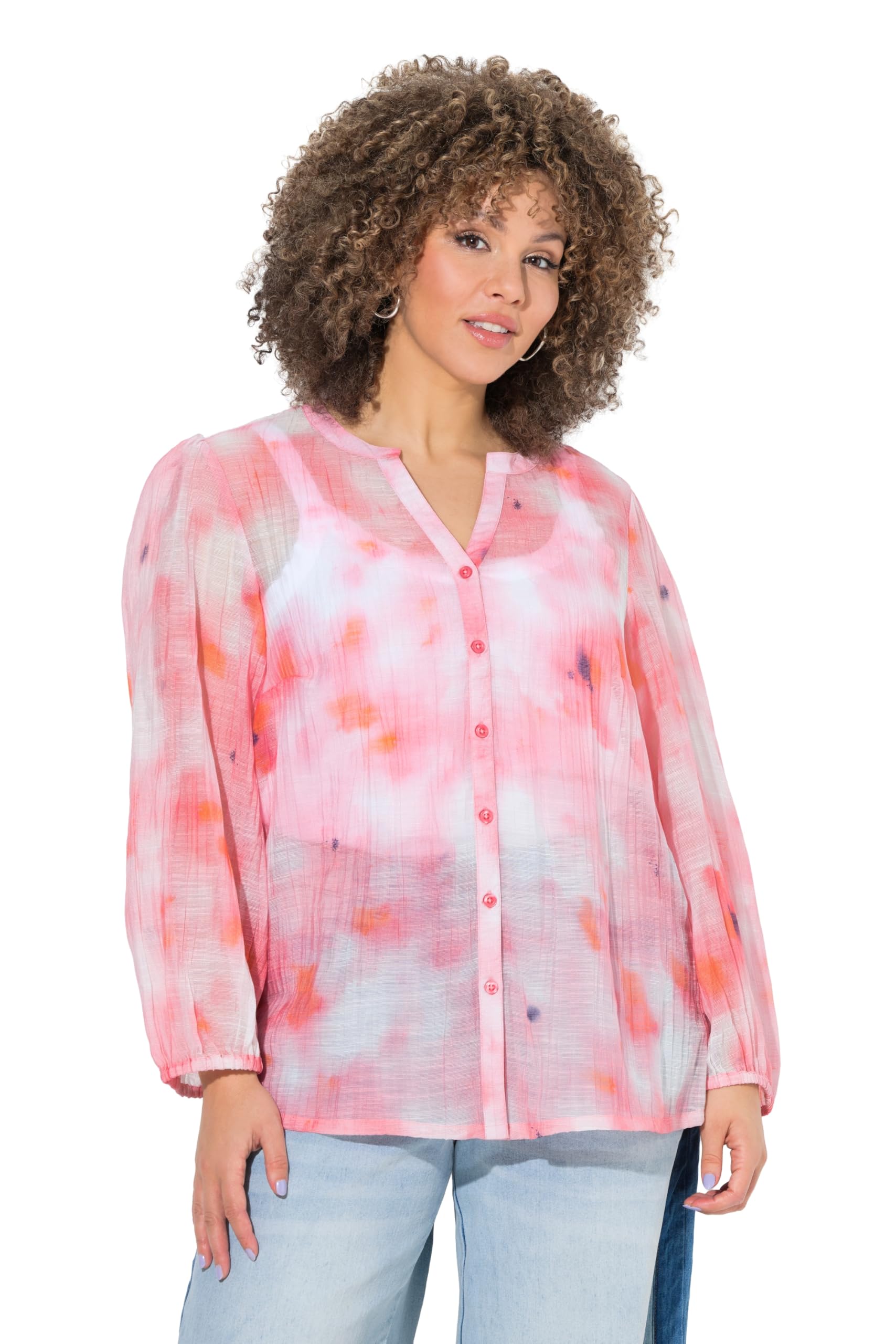 Ulla Popken Damen große Größen Übergrößen Plus Size Chiffon-Bluse, Batikmuster, Tunika-Ausschnitt, Ballon-Langarm 848060