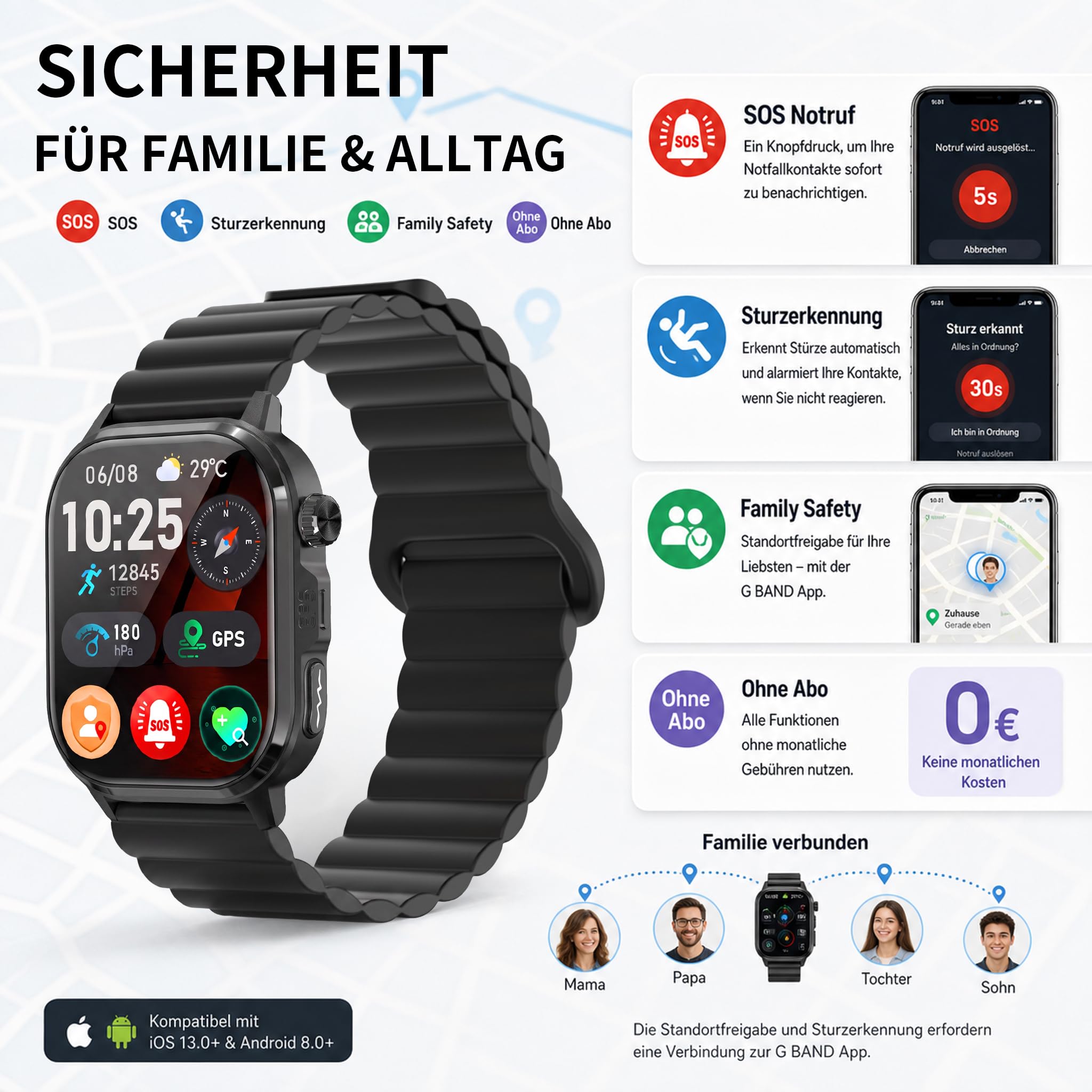CARDIGO Montre connectée avec détection des chutes et fonction SOS, montre de sport avec GPS, appels Bluetooth et plus de 100 modes sportifs, AMOLED 1,95", sans ABO, 2 bracelets, noir