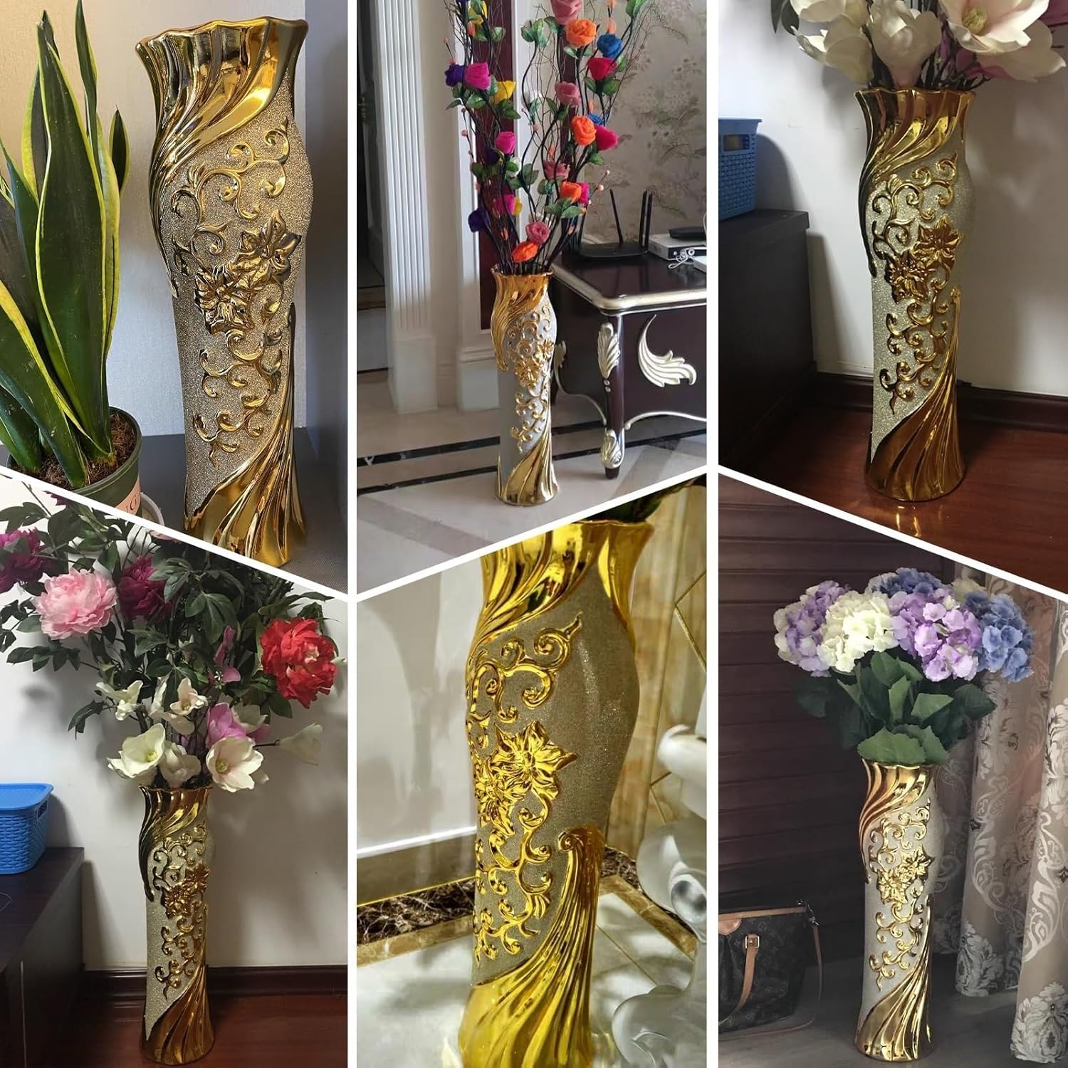 Jarrones de cerámica, moderno jarrón decorativo dorado grande, jarrones altos para suelo, para ramas decorativas y flores secas