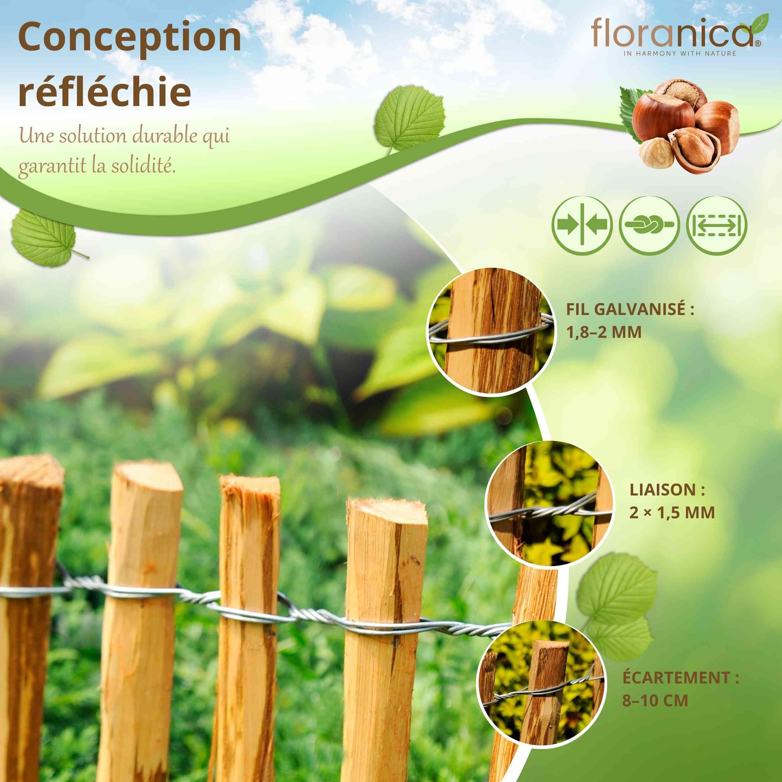 Floranica clôture en noisetier châtaignier 10 m x 50 cm de hauteur, écart entre les lattes 8-10 cm, bordure de jardin