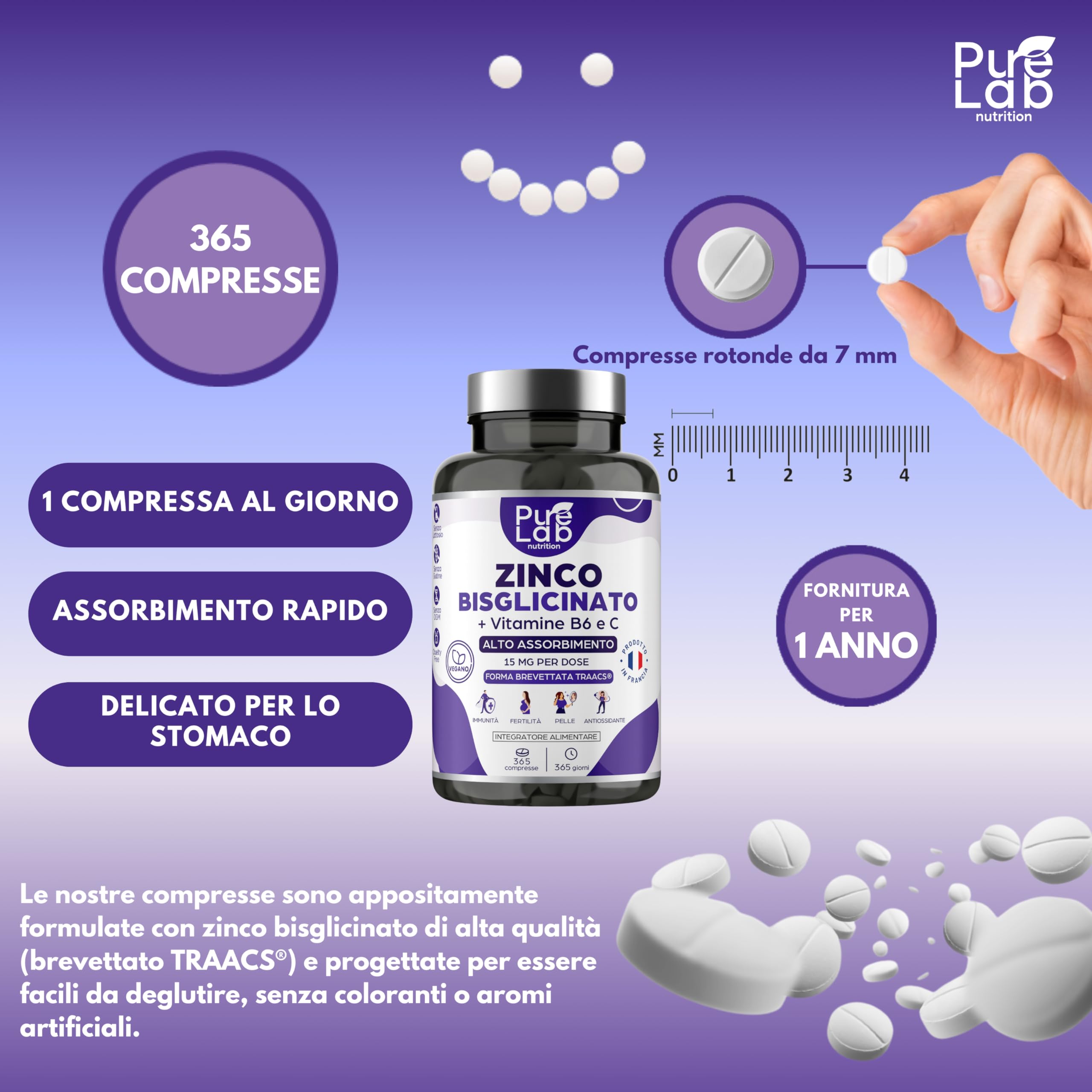 Zinco Bisglicinato + Vitamine B6 e C - Scorta per 1 Anno, 365 Compresse - Alta Assorbimento - Immunità, Antiossidante, Pelle - Senza Lattosio, Senza Glutine - Prodotto in Francia - Pure Lab Nutrition®