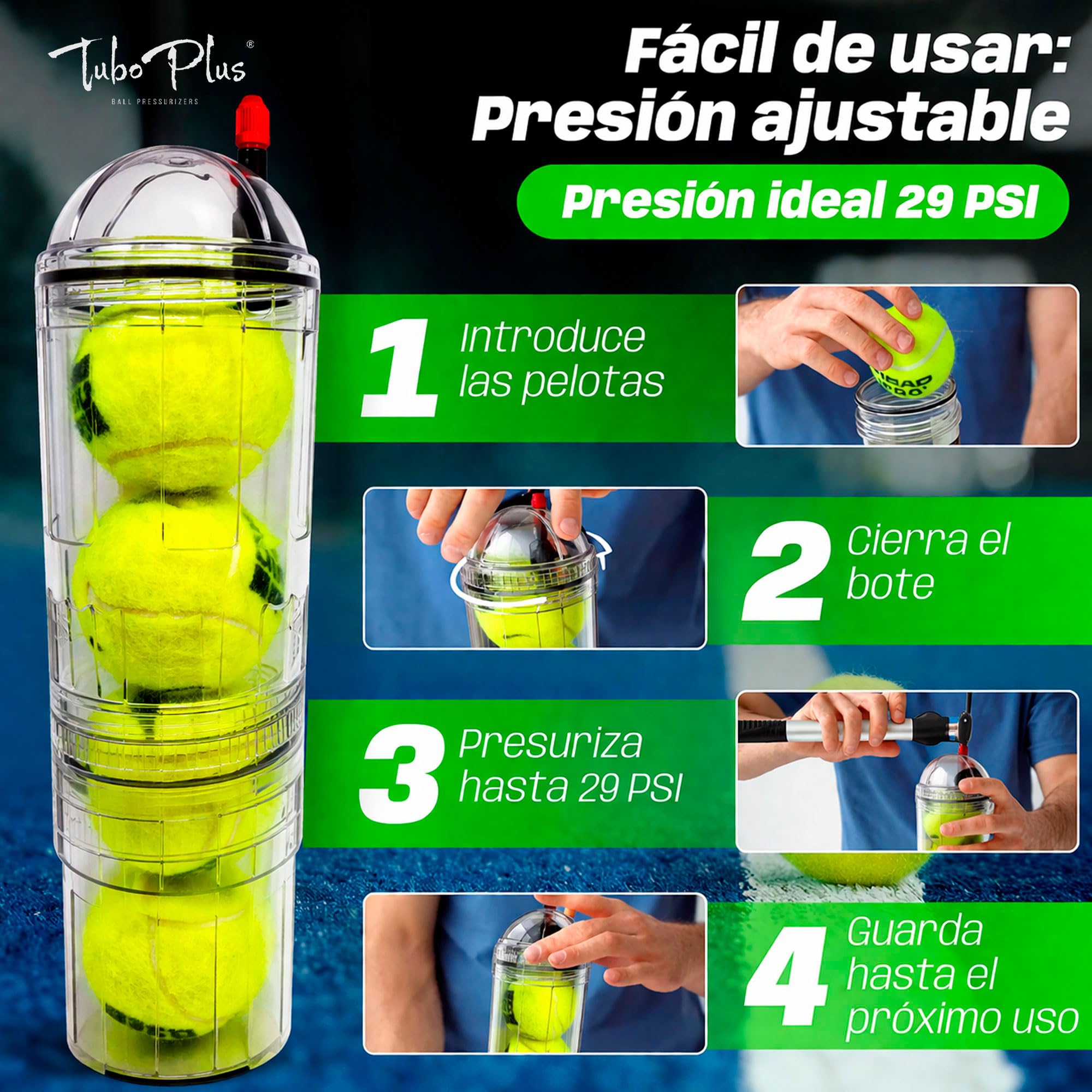 TUBOPLUS - Barca pressurizzatrice per palline da paddle e tennis | TUBOX4 Crystal | Compressore per palline | Accessori indispensabili