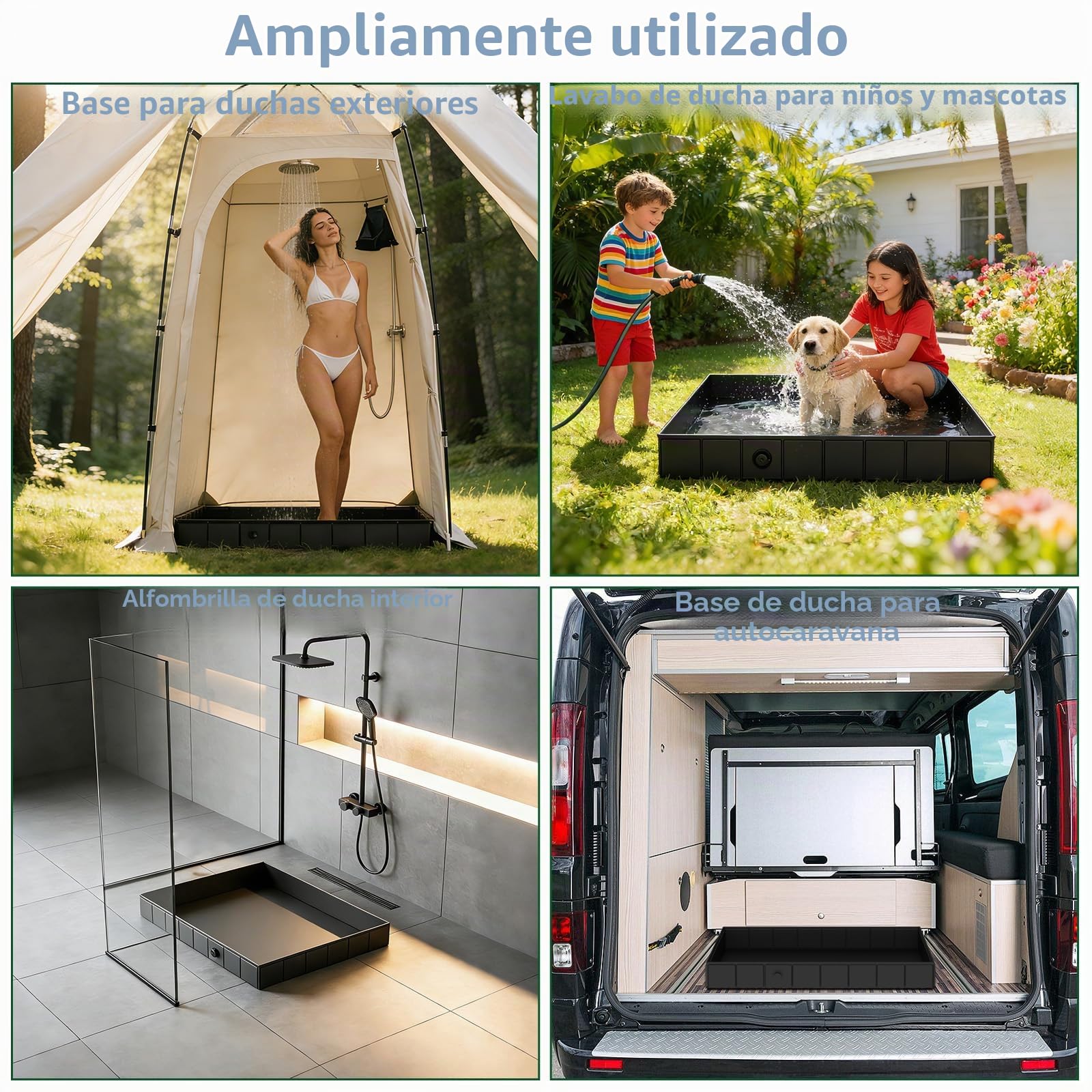 Base de ducha plegable, 104 x 104 x 13 cm, bandeja de ducha portátil para camping, con tubo de drenaje, 2 agujeros de aguas residuales, base de tienda de ducha, tienda de campaña, base de ducha para