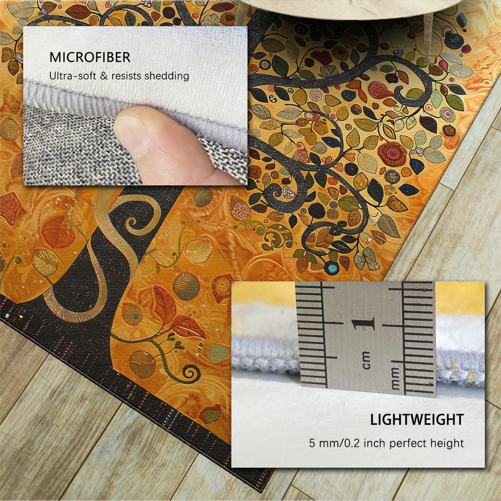 Retro Pflanzenblätter Teppich Gustav Klimt Stil Baum des Lebens 3D-Gedruckter Teppich Ideal für stark frequentierte Bereiche für Jungen und Mädchen im Spielzimmer 60x120cm
