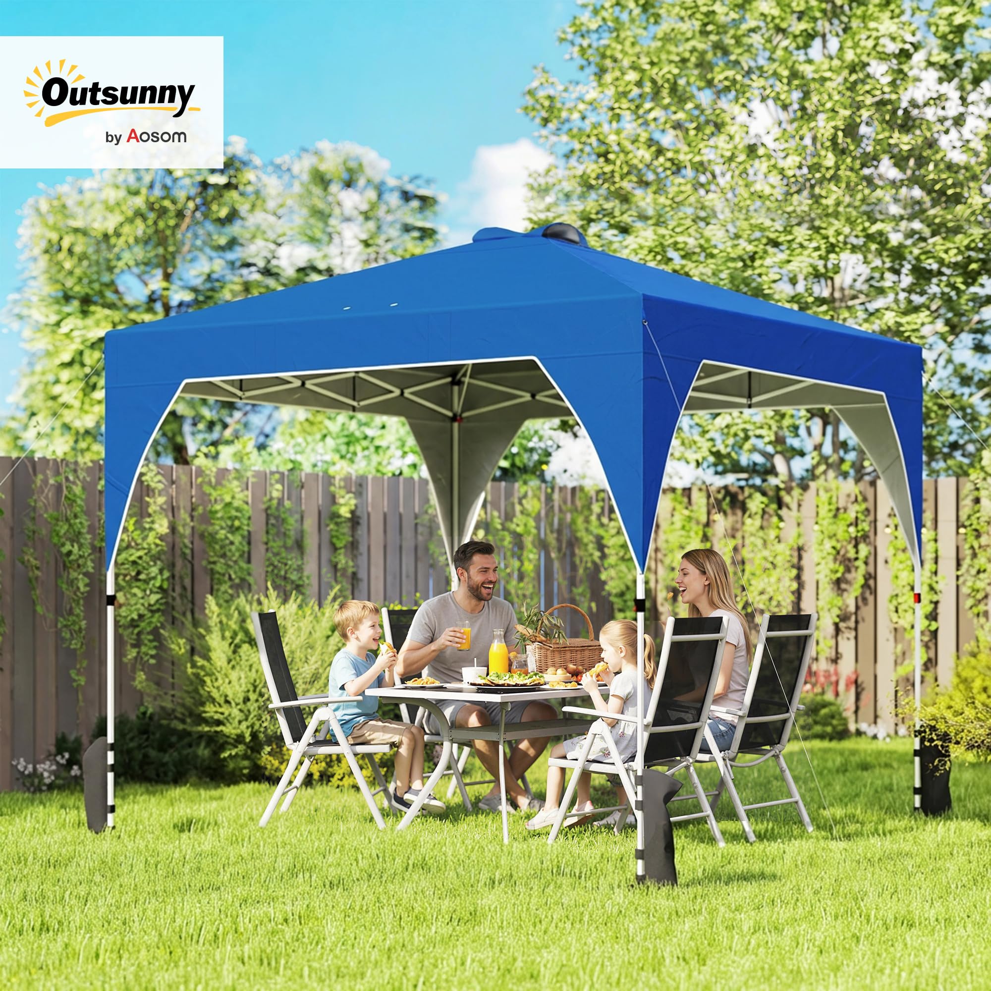 Outsunny Carpa Plegable 3x3 m, Pop-up, Cenador Pabellón de Jardín con Ventilación Superior, Bloqueo Central, UPF50+, Altura Ajustable 3 Niveles, Bolsa Transporte con Ruedas, Sacos de Arena, Azul