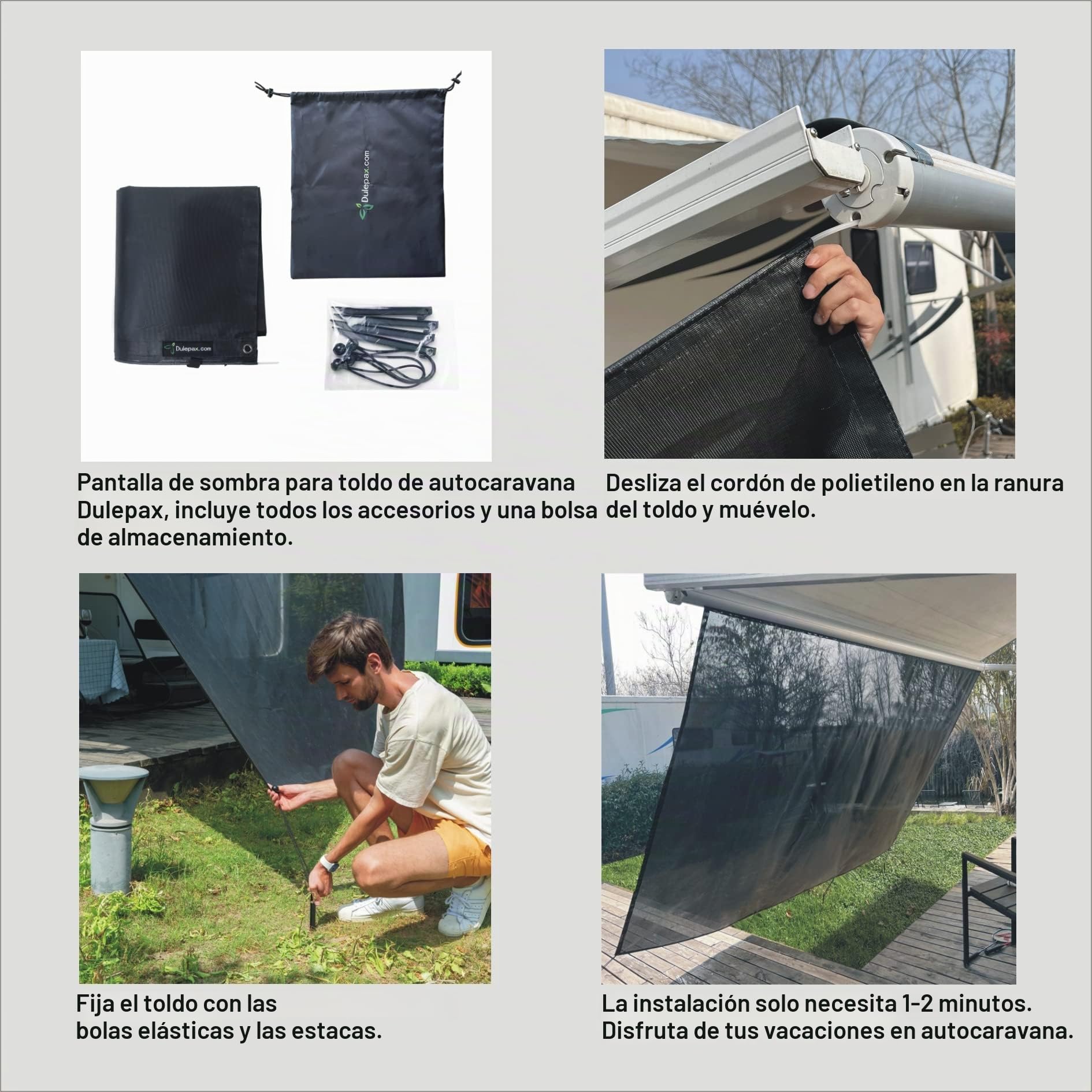 Pantalla de protección Solar para autocaravanas Dulepax, Altura de caída 2,46m x 3,35m de Longitud -Bloqueador Solar Universal para autocaravanas con Kits completos.