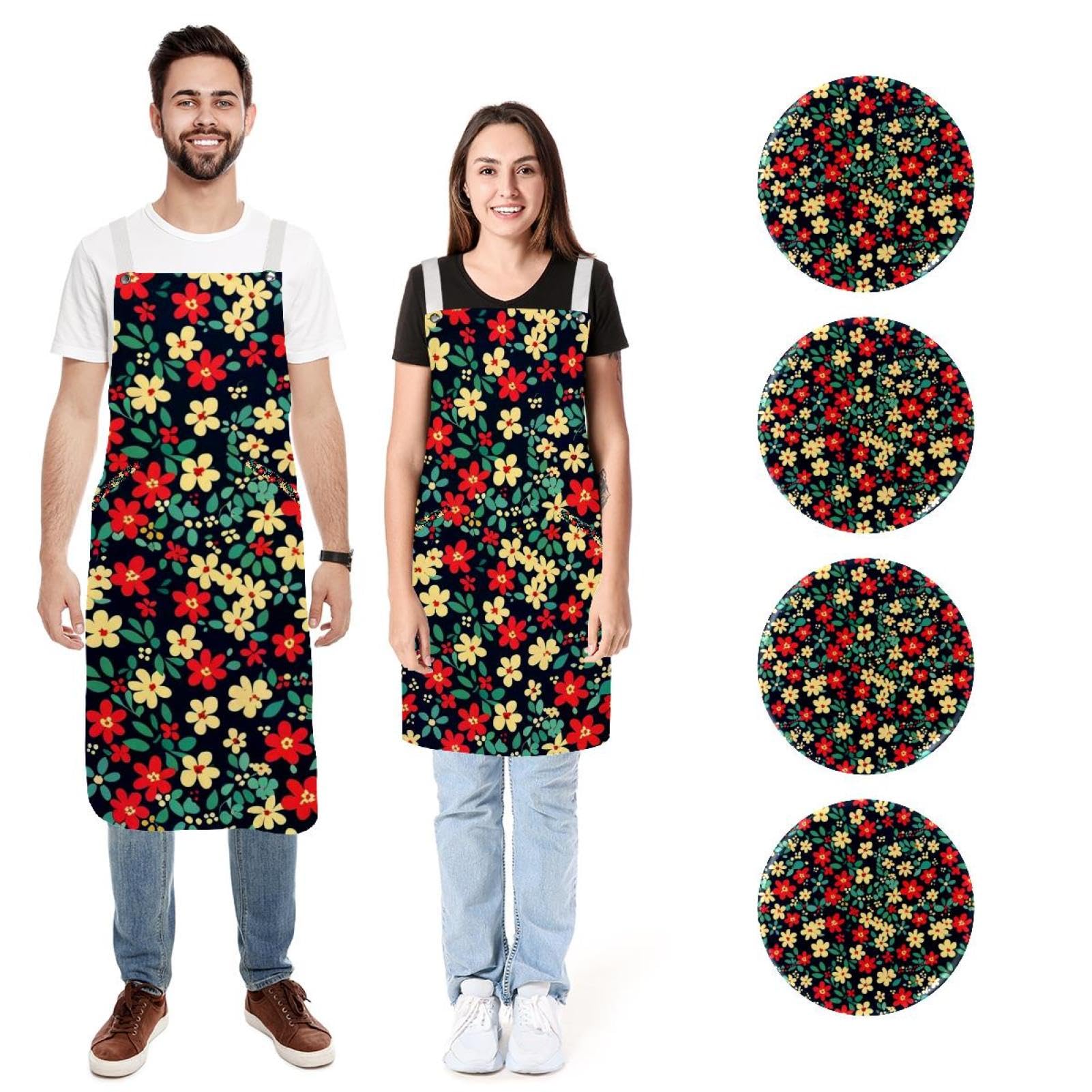Lot de 2 tabliers de cuisine doux et réglables avec 2 grandes poches pour homme et femme Motif floral Rouge/blanc, Fleurs rouges et blanches marguerites,