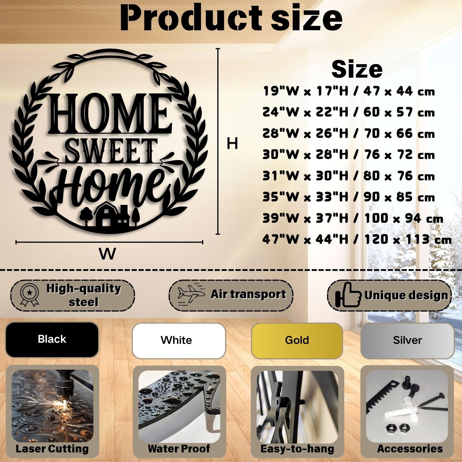 Schwarzes Metall-Wandbild „Sweet Home“ im Landhausstil, Wanddekoration für Eingangsbereich, Wohnzimmer, Schlafzimmer, Flur und Treppenhaus, Natur-Wohndeko (Schwarz, 48 cm breit)