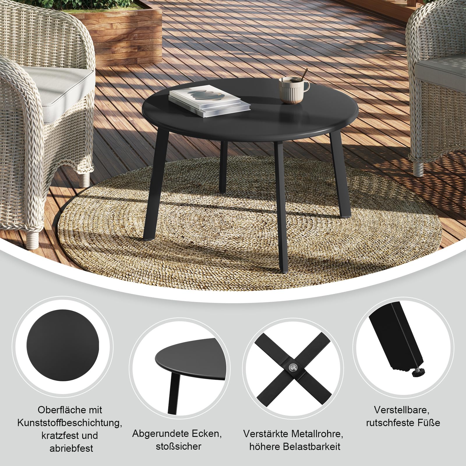 eSituro Beistelltisch rund, schwarz, φ70xH40 cm | Balkontisch Gartentisch, Kaffeetisch Couchtisch Sofatisch, für Indoor Outdoor, Industrial Design