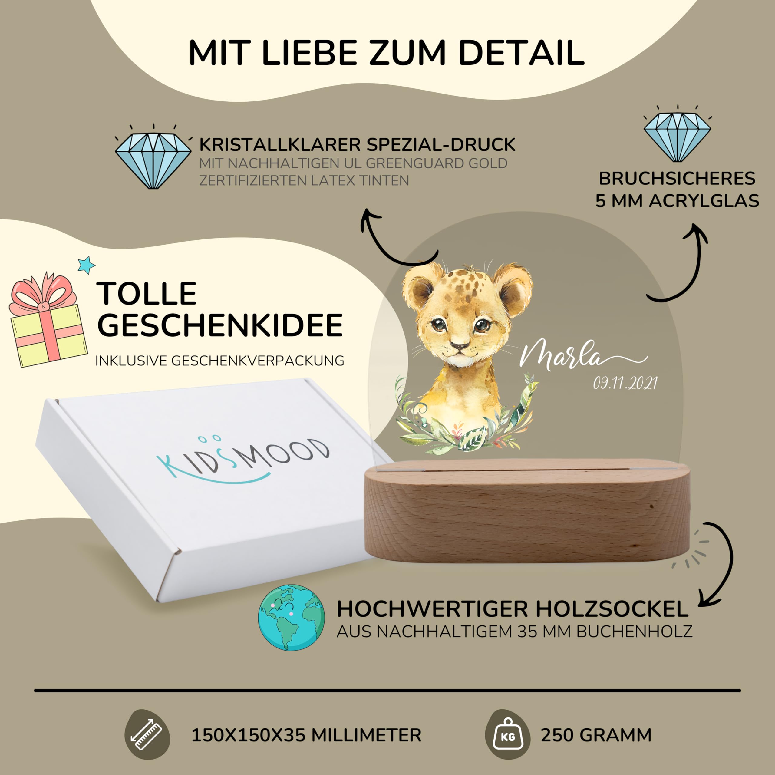 Kidsmood Nachtlicht für Babys mit Wunsch Namen - Personalisiertes Stilllicht & LED Nachttischlampe Kinderzimmer, dimmbar – Geschenk zur Geburt, Taufe & Geburtstag für Mädchen & Jungen [Löwenbaby]