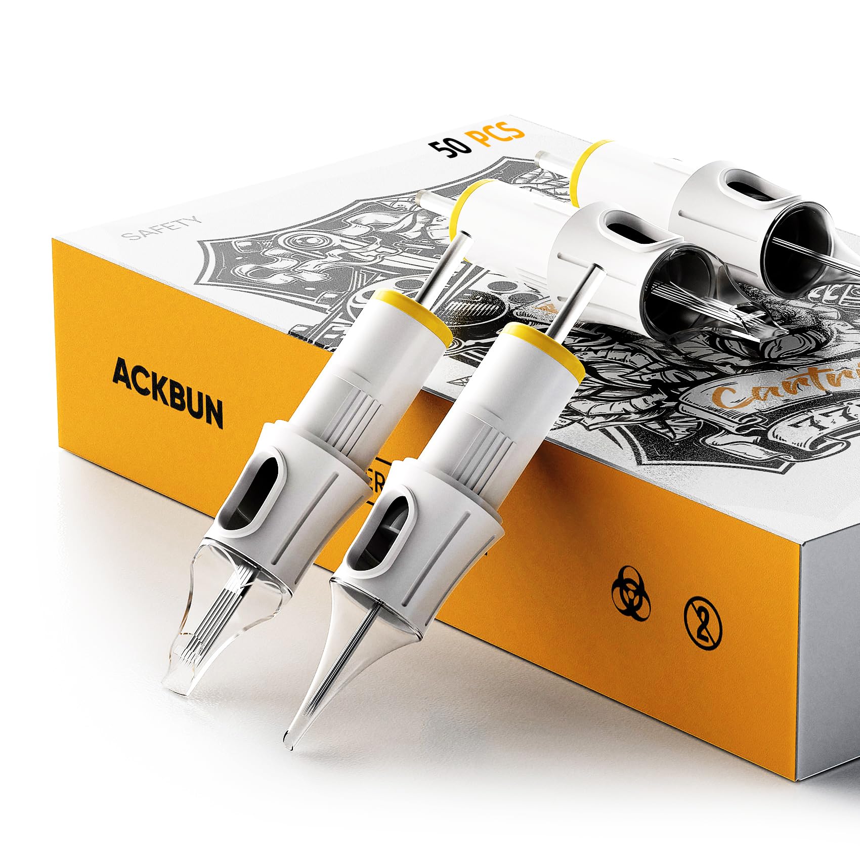 Ackbun 50Pcs Mixed Size Assorted Tattoo Cartridge Needles Bugpin #10 Round Liner 3RL 5RL 7RL 9RL 11RL Disposable Tattoo Needles Cartridges with Membrane for Tattoo Pen Tattoo Artists