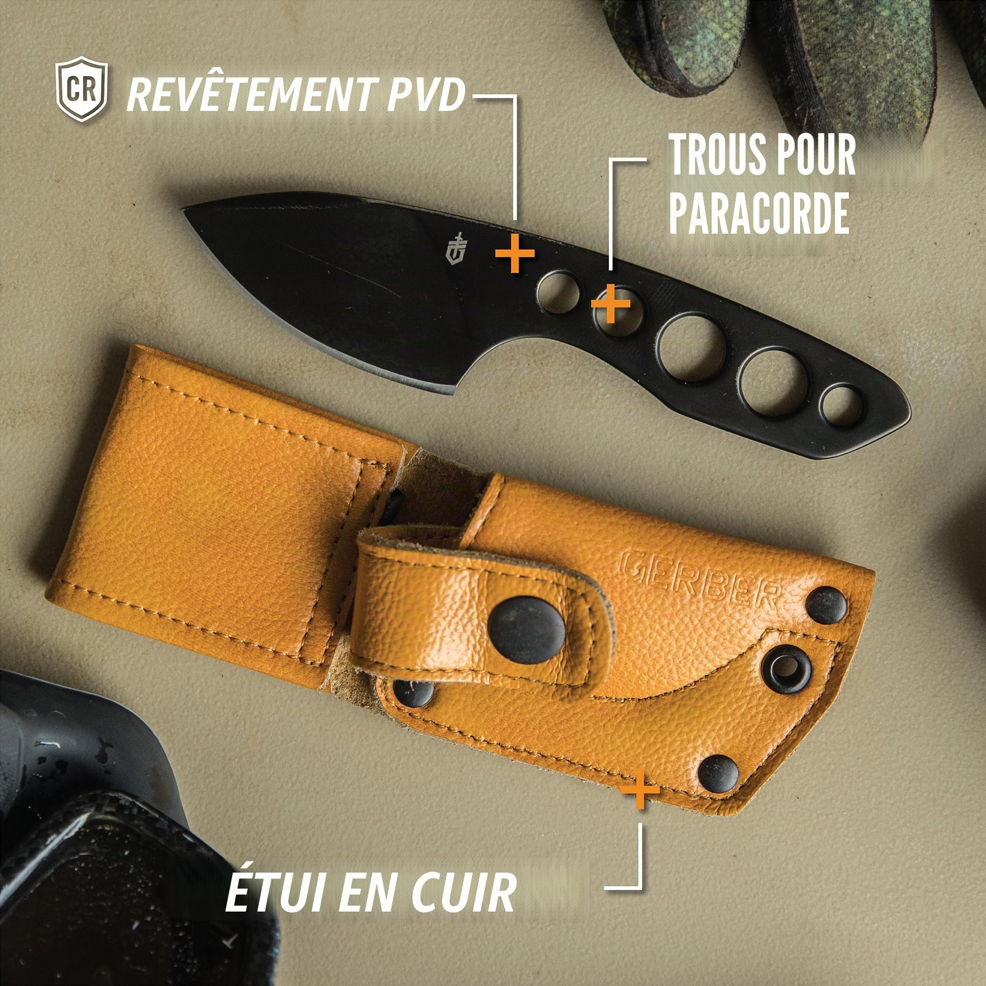 Gerber Gear DIBS Couteau de poche et fourreau – Lame fixe de 6,3 cm – Équipement et équipement EDC – Noir mat