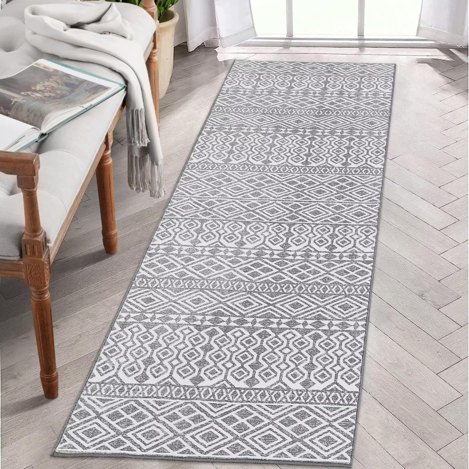 IMINROMEMoroccan Washable Runner Rug 2x6 Kitchen Grey Rug Runner Boho Indoor Modern Rug for Bathroom Geometric Print Soft Thin Floor Carpet Non Slip Non Shed Throw Rug for Hallway Entryway Bedroom