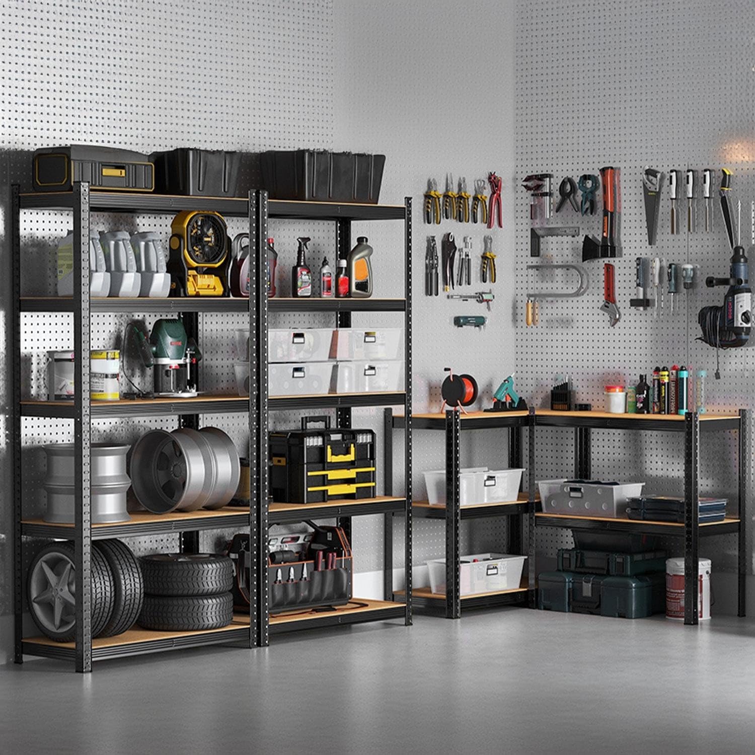 7H Seven House - Estantería Modular Almacenaje (Pack 2), Acero y MDF Antihumedad, Hogar, Trastero, Garaje, 5 Baldas Ajustables, Carga Máx. 875Kg, 90x40x180cm (Largo x Ancho x Alto), Color Negro