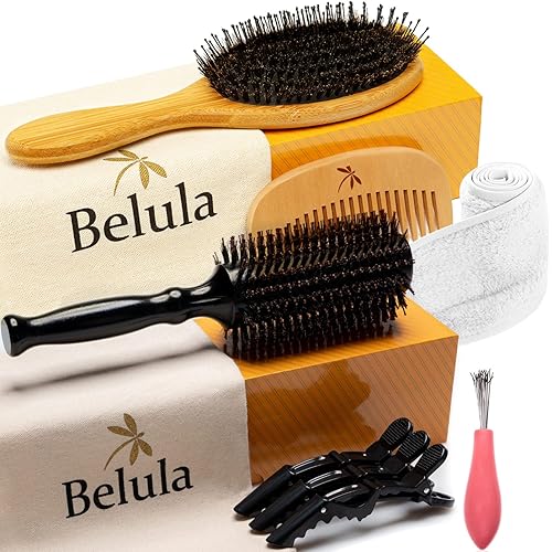 Belula Añade volumen a tu juego de cabello. Cepillo desenredante de cerdas de jabalí para cabello grueso y cepillo redondo de cerdas de jabalí