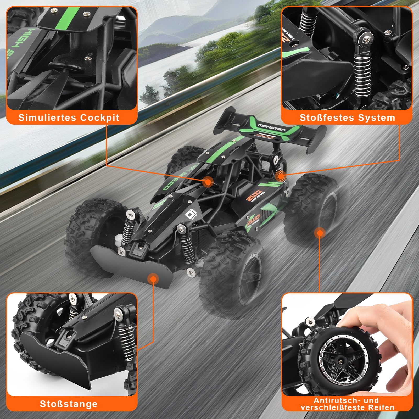 Yabtf Voiture Télécommandée 2.4GHz, Buggy 1:18 20km/h, Jouet Hors Route 40m, Rechargeable 2WD (Vert)