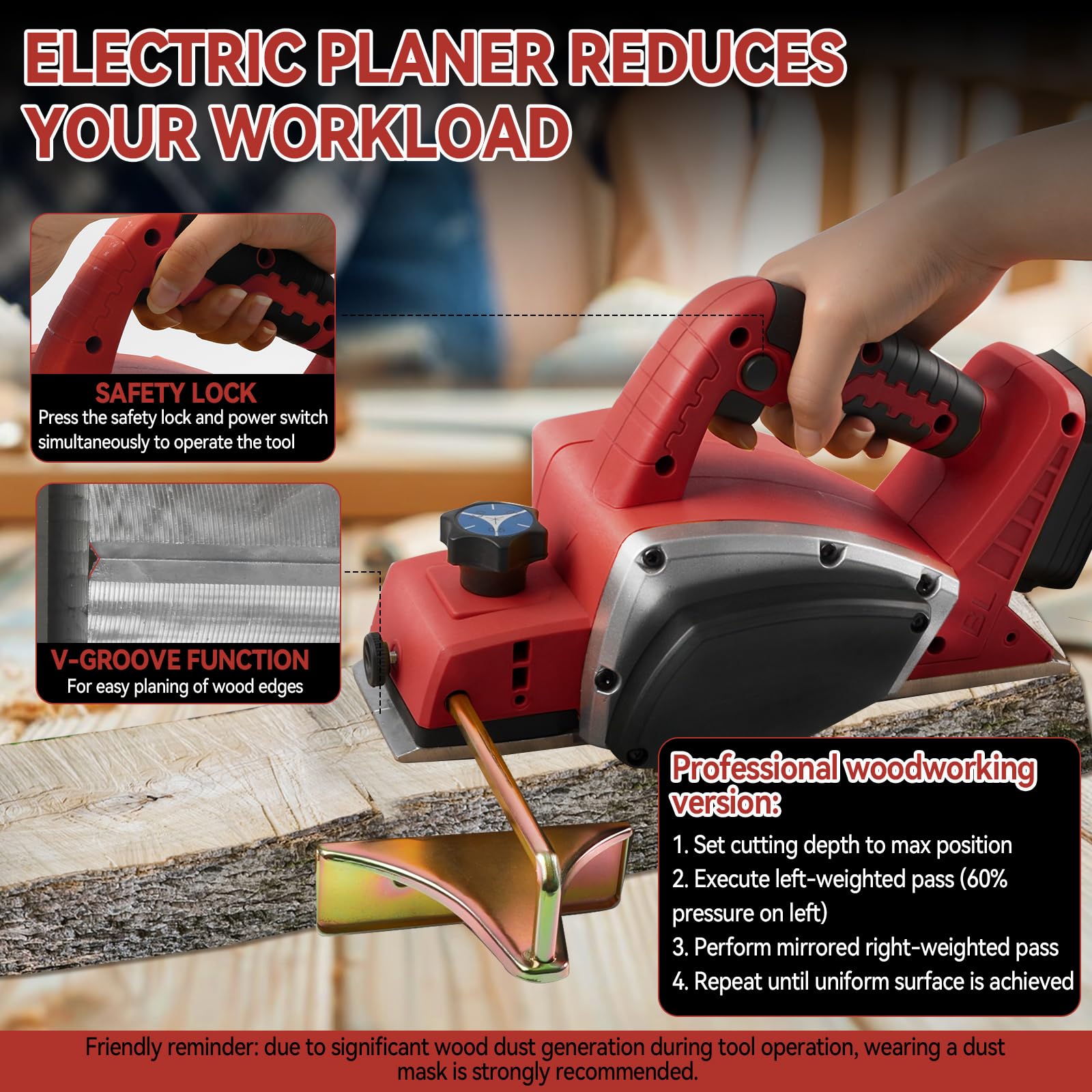 Pianatrice elettrica senza fili per legno compatibile con la batteria Milwaukee 18V, 15000RPM Pianatrice elettrica senza spazzole per la lavorazione del legno (Red)